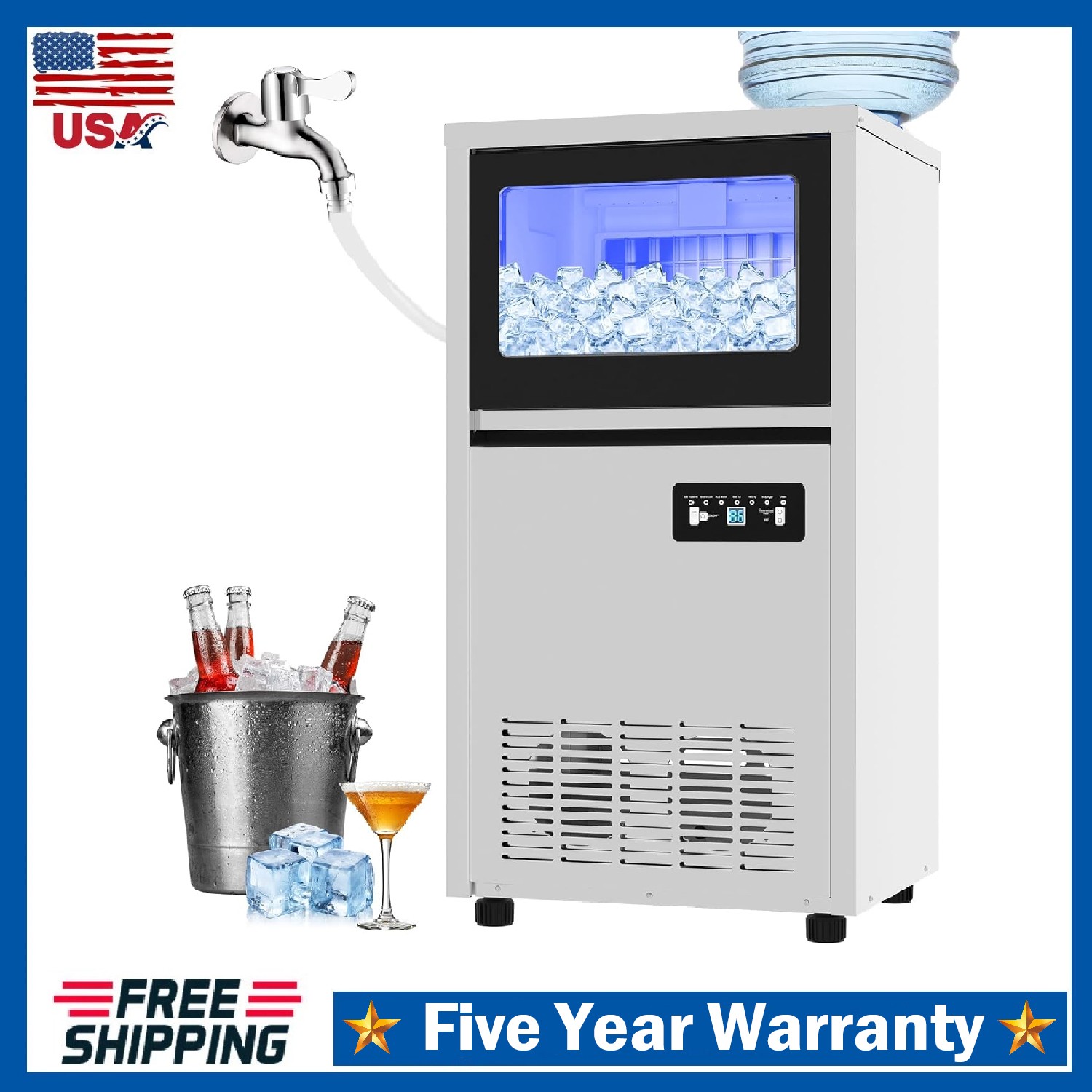 130 Lbs/24H Commercial Ice Maker ,Stainless Steel Under Counter Bar Ice Machine