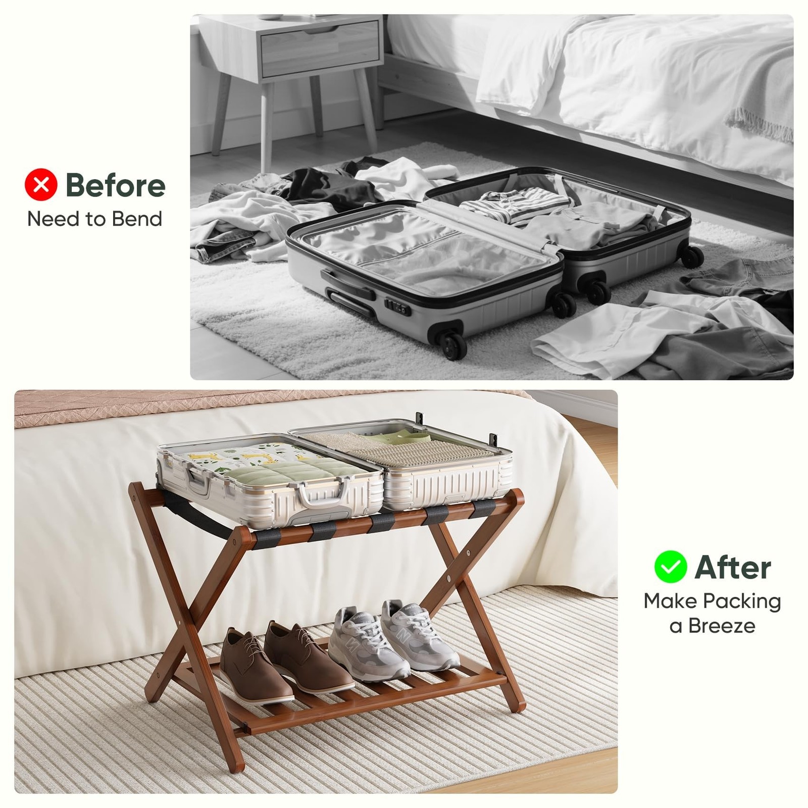 Smart FENDEE Fully Assembled Bamboo Luggage Rack, Walnut Folding Suitcase Sta…