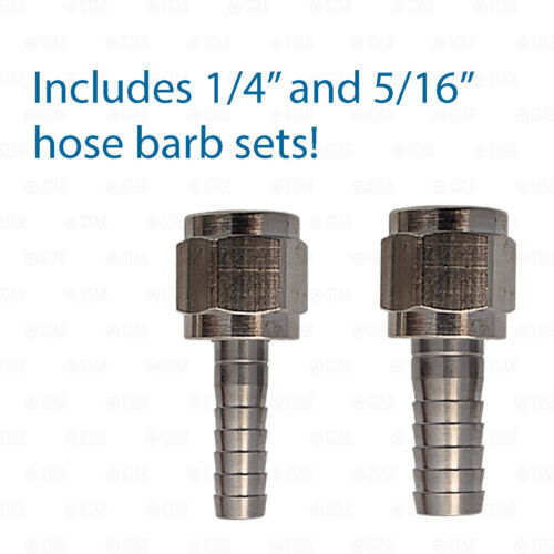 Ball Lock Corny Keg Coupler 1/4″ MFL Threaded 3/8″ and 1/4″ Barbs BEVERAGE ONLY