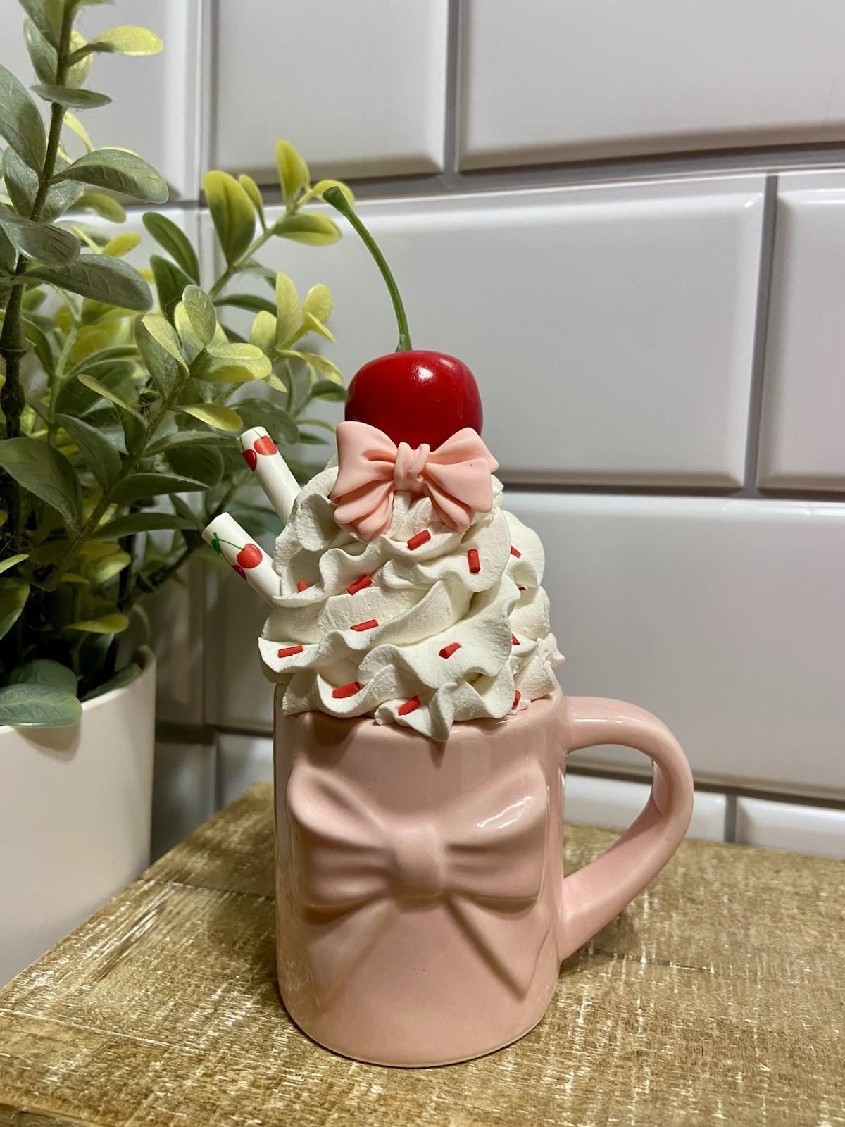 Cute PINK Mini Ceramic Mug Faux Fake Whipped Cream Tiered Tray Decor HANDMADE