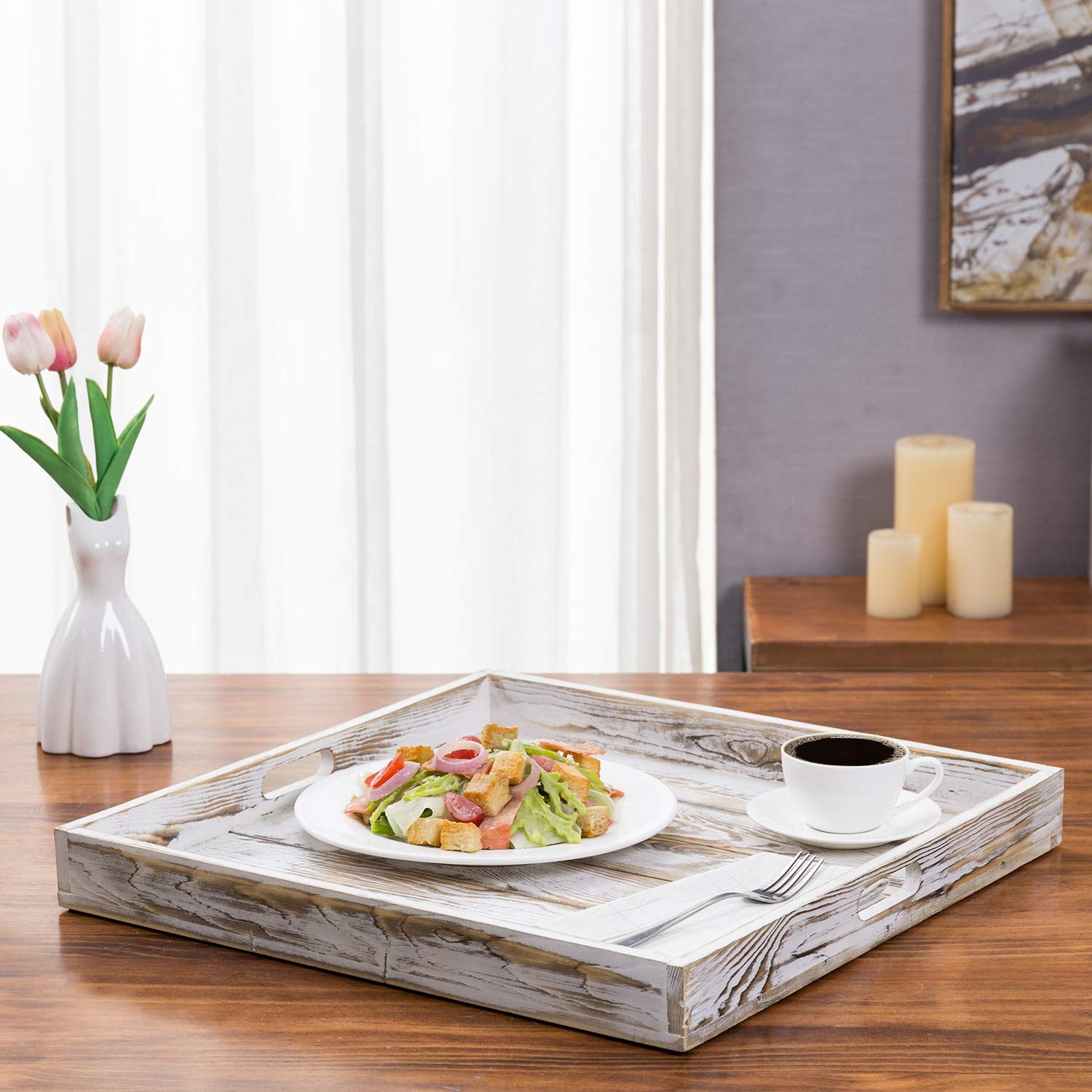 MyGift Whitewashed Wood Large Serving Tray 18.9″ x x 2″,