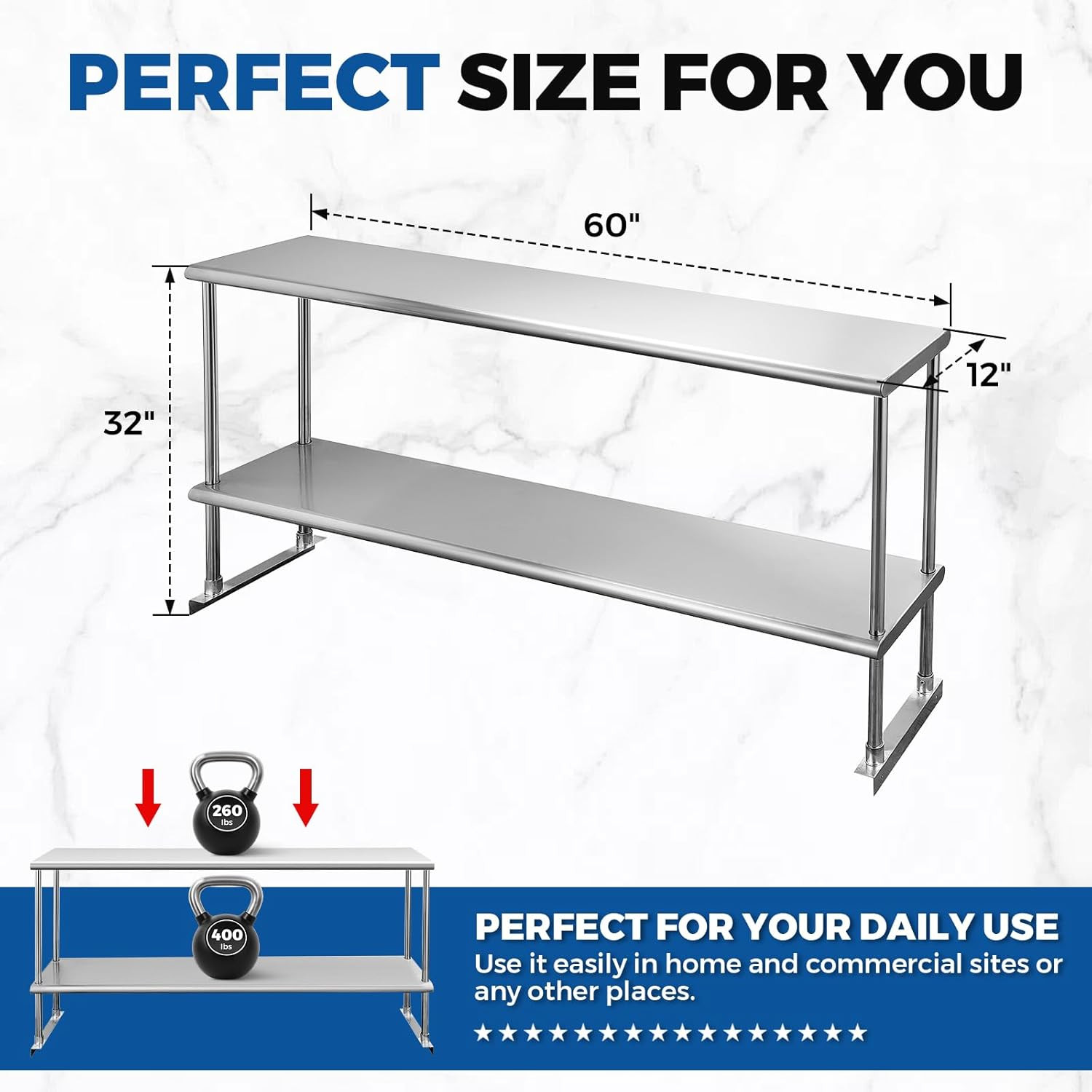 Adjustable Stainless Steel Overshelf 12″x60″ for Kitchen & Utility Room