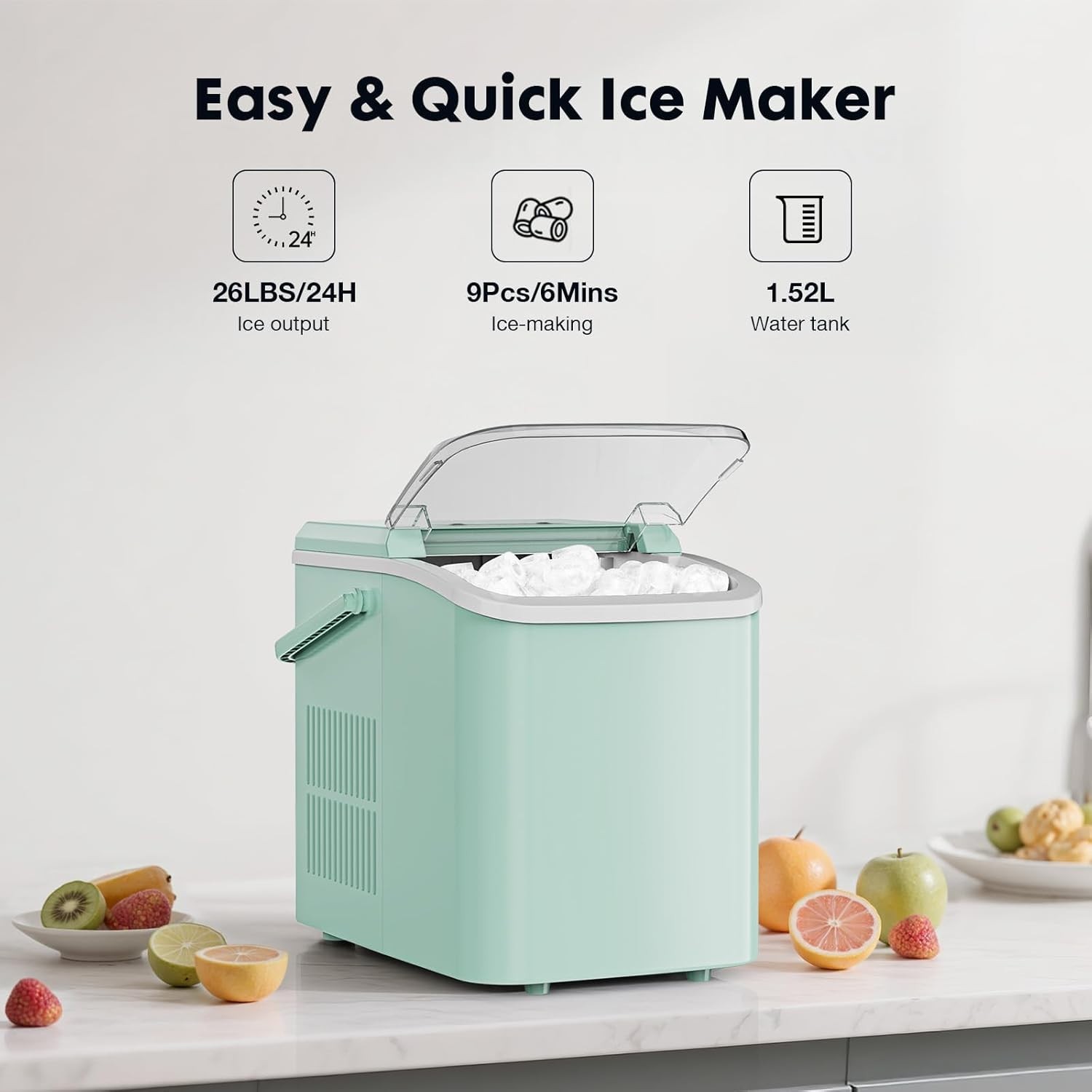 Portable Countertop Ice Maker 26.5LB/Day Self Cleaning Ice Machine Green
