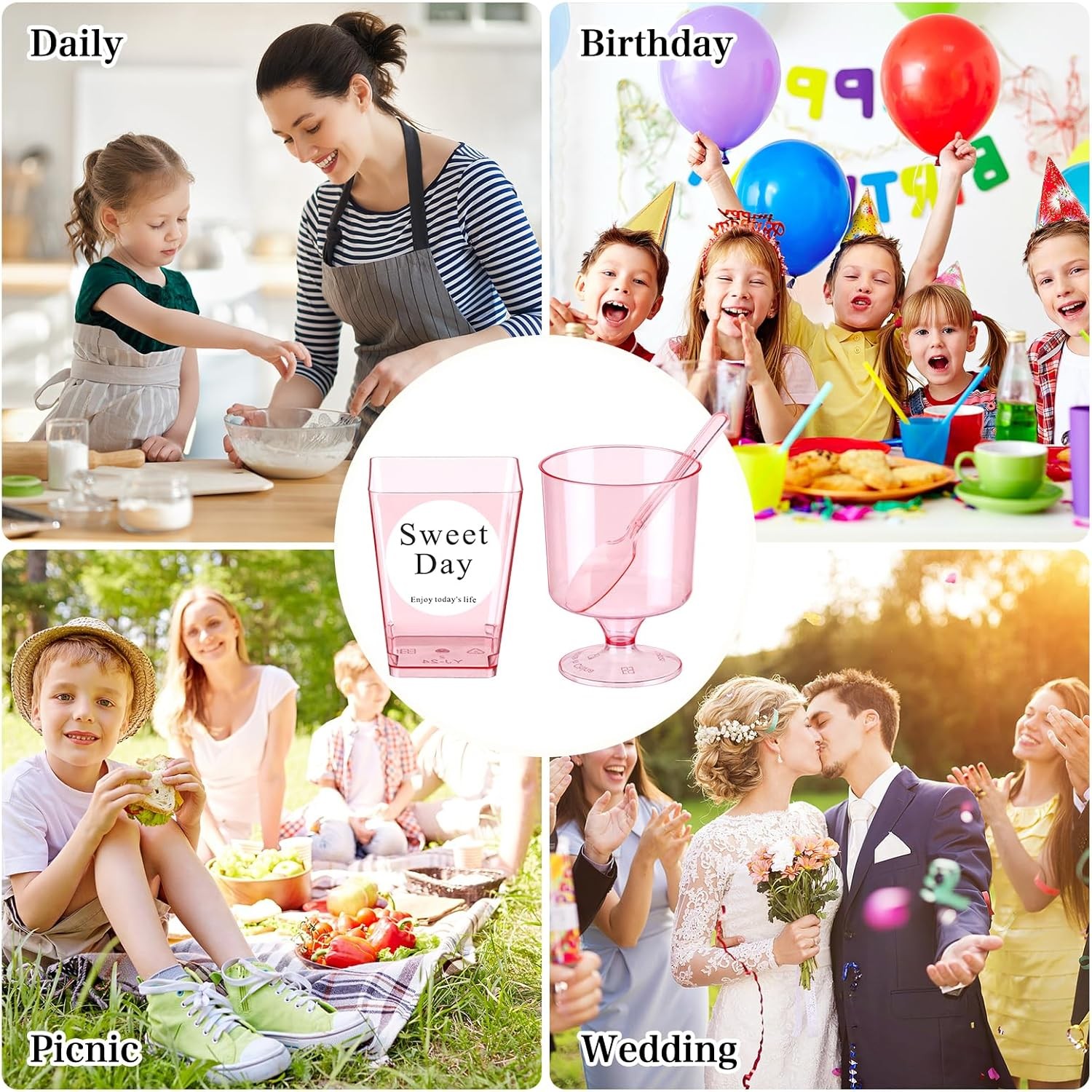 210 Pcs Mini Dessert Cups with Spoons Pink Clear Pastic Dessert Cups 5 oz,