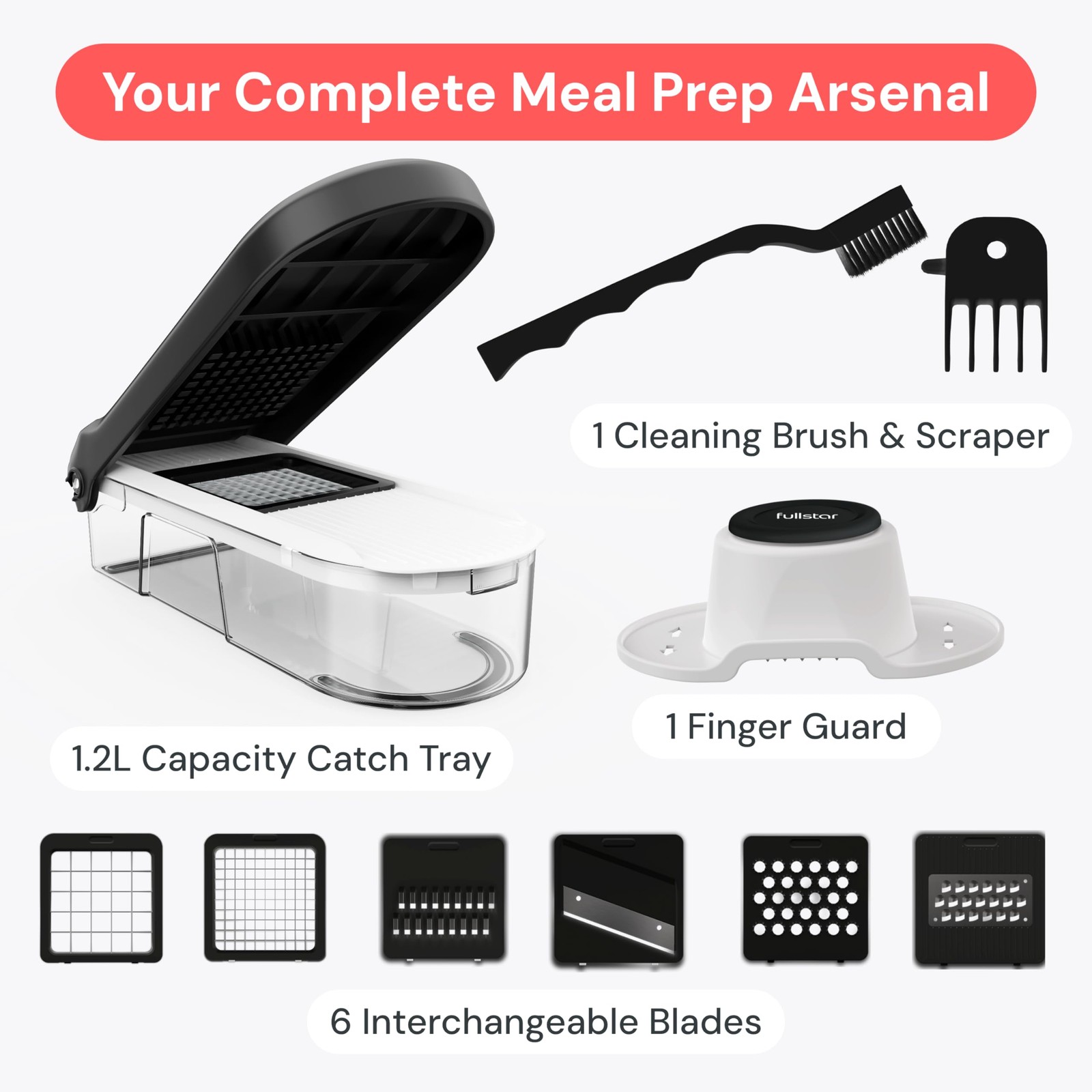 Fullstar Core Vegetable Chopper – Chop and Slice Lid – 6-in-1, White/Black