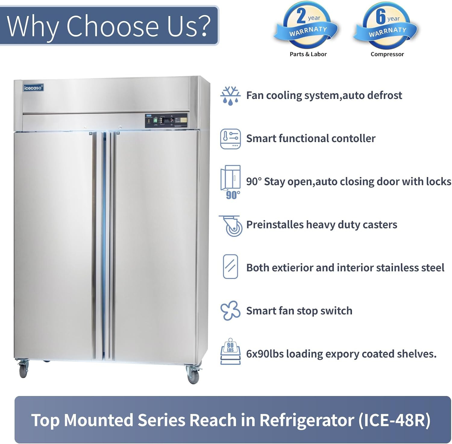 48″ Commercial Refrigerator, ICECASA 2 Door Commercial Reach-In Cooler 36 Cu.ft