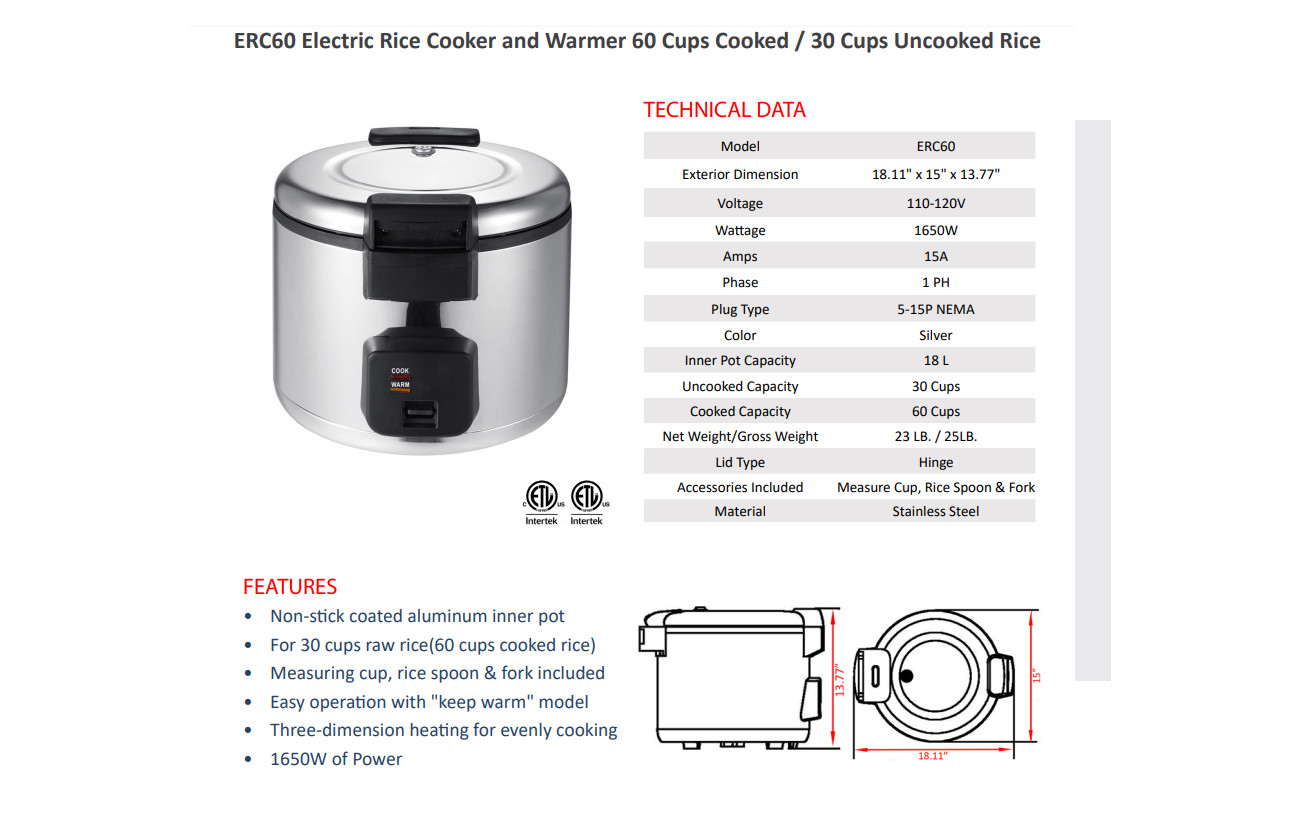 Prepline ERC60, Electric Rice Cooker With Hinged Lid – 60 Cup Cooked Rice