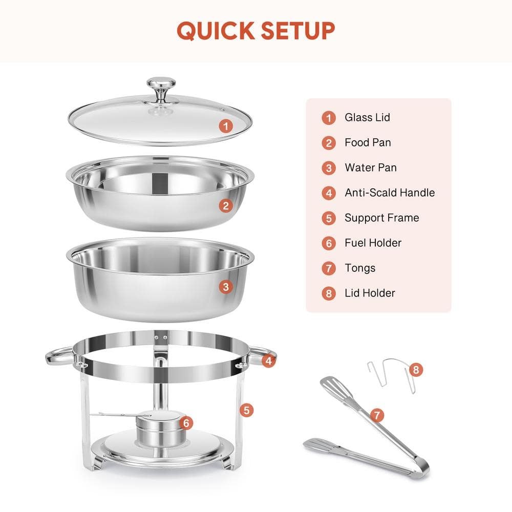 Wilprep 4-Pack 6 qt. Stainless Steel Round Chafing Dishes Buffet Set