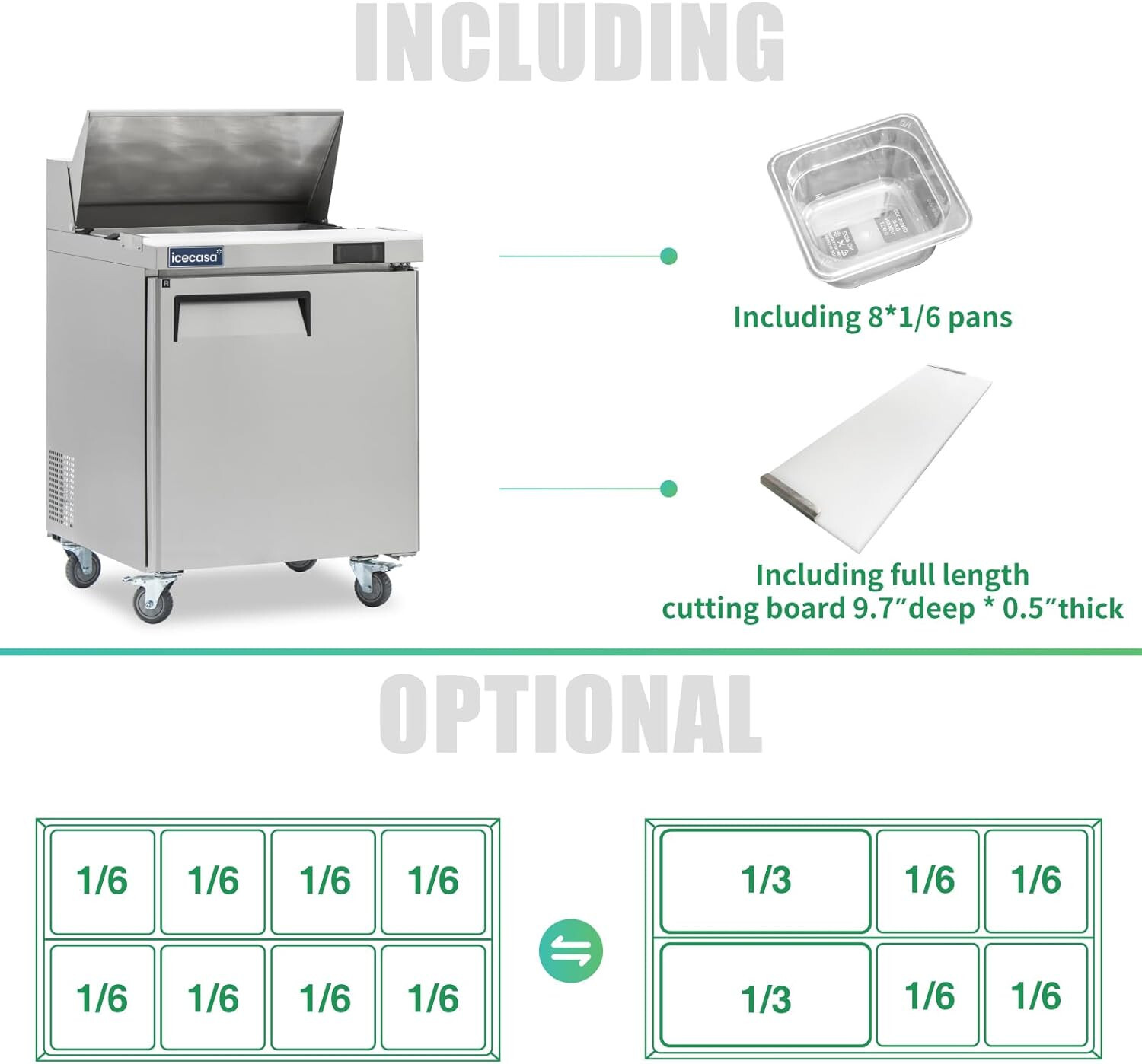 27″ Sandwich Prep Table Fridge, ICECASA 1 Door Food Bain Marie Cooler, 8 Pans