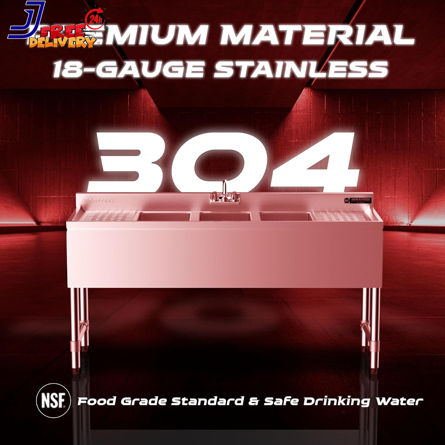 3 Compartment under Bar Sink Stainless Steel 3 Bay Utility Sink w/No Lead Faucet