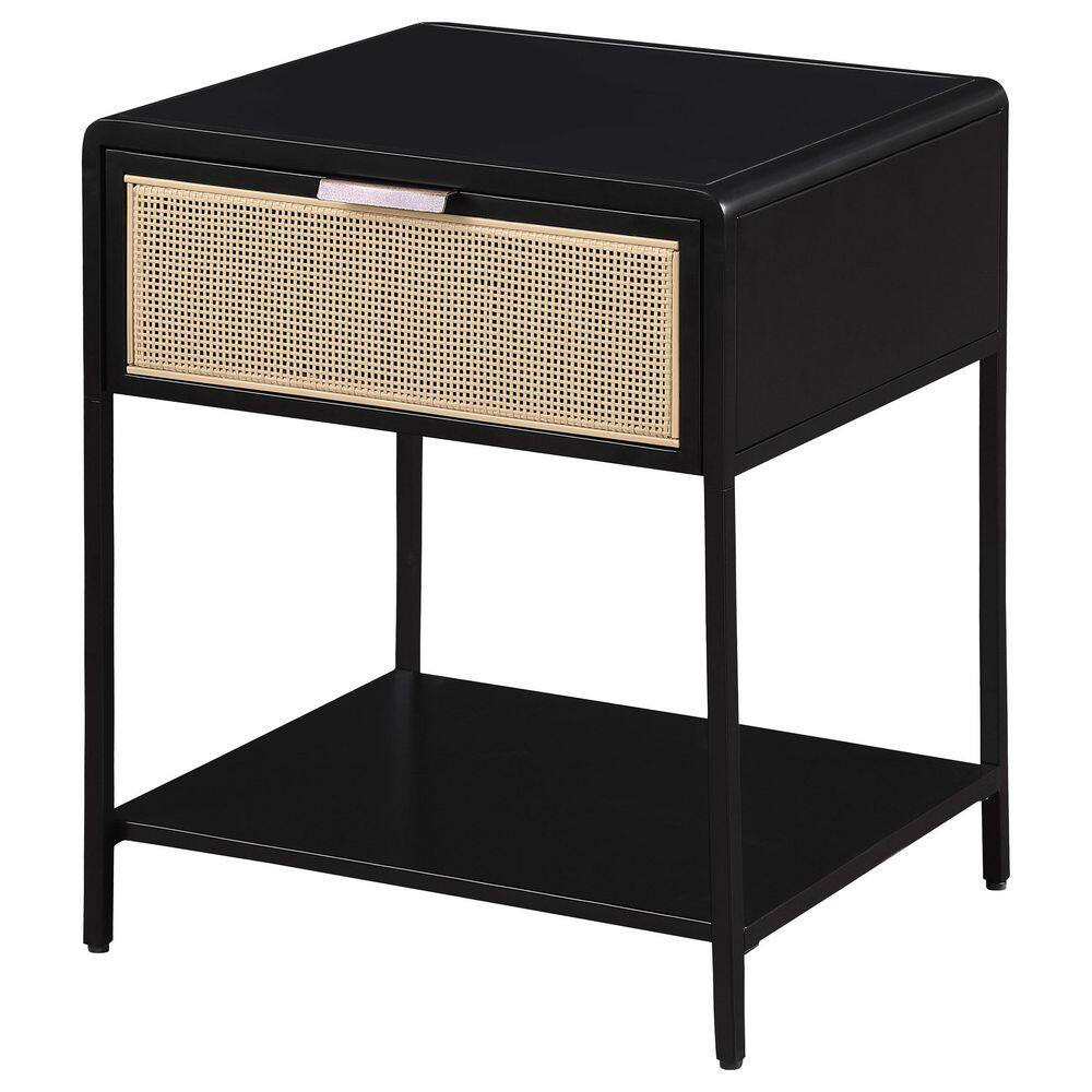 Amherst 20 In. Black Rectangle Wood Top Side Table with Radio Weave Cane Drawer