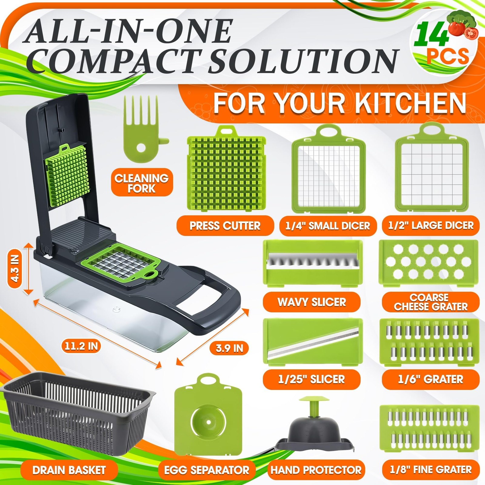 14-in-1 Vegetable Chopper with Container – Veggie Medium, Green