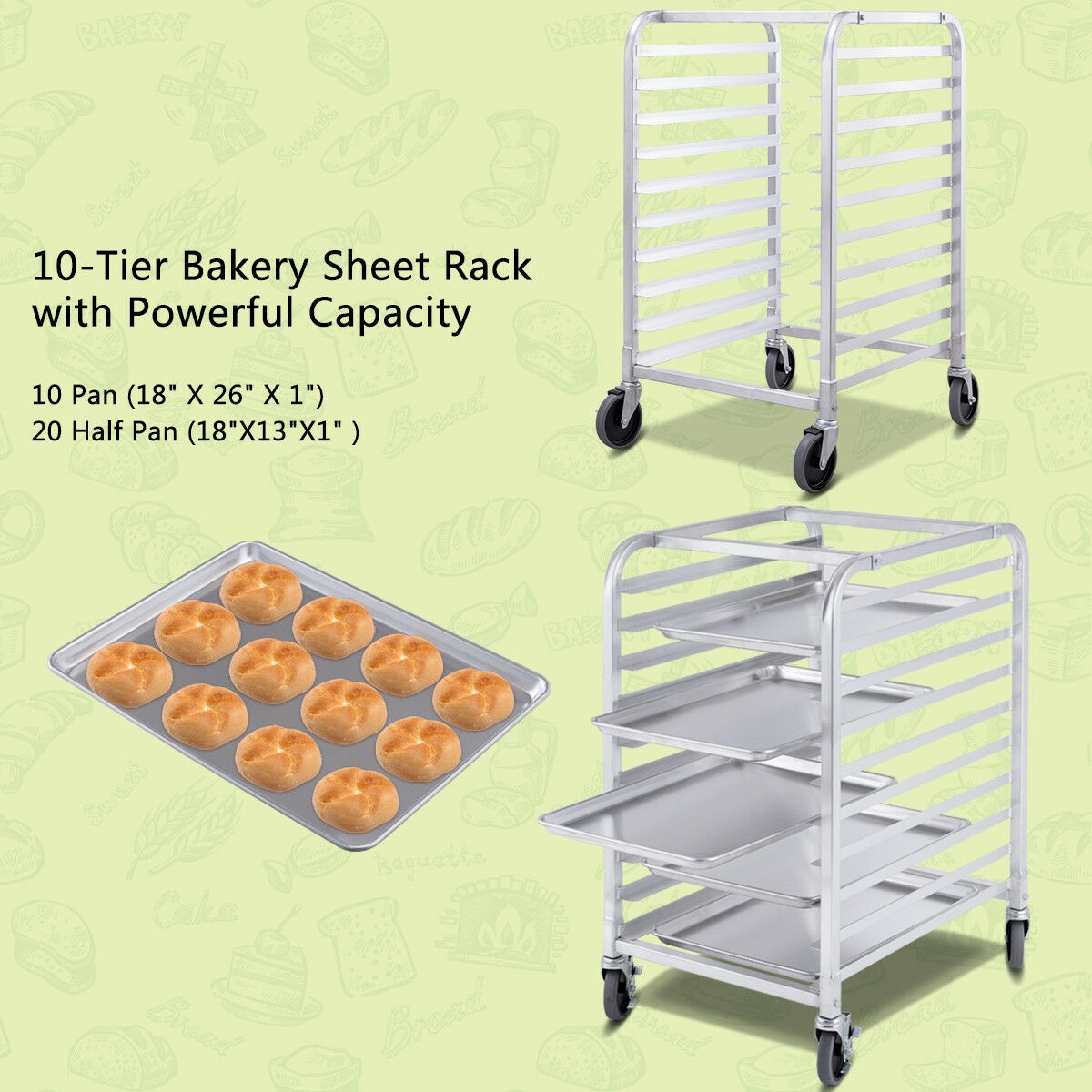 Costway 10 Sheet Aluminum Bakery Rack Rolling Commercial Cookie Bun Pan Kitchen