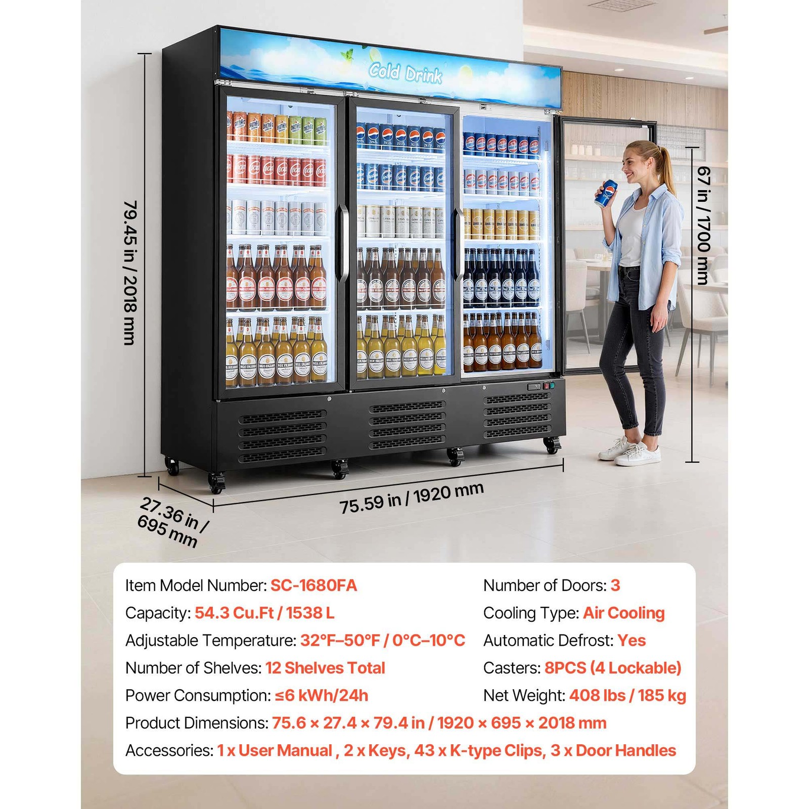 Uimoso Commercial 3-Door Beverage Cooler, 54.3 Cu.Ft Merchandiser Refrigerator