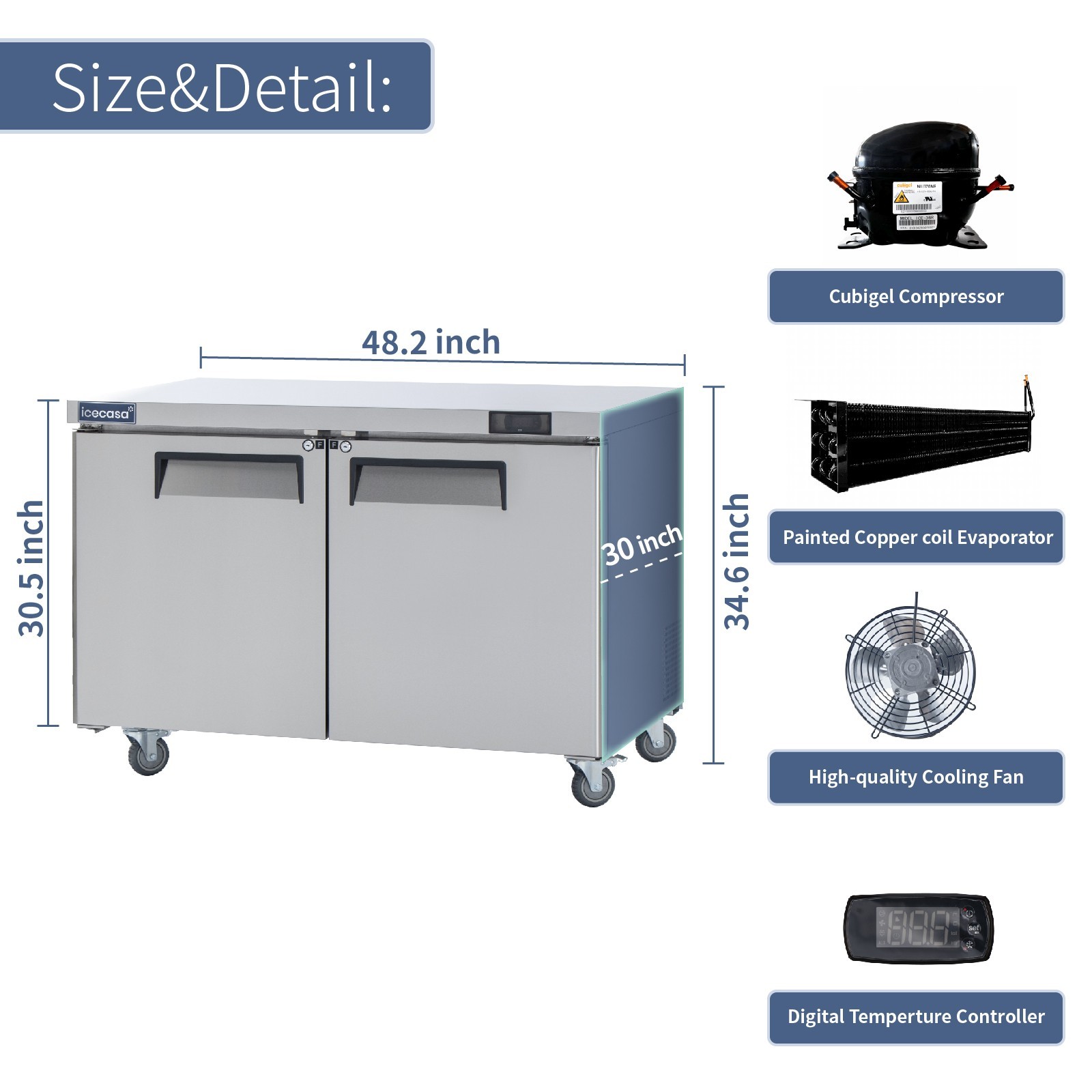 2 Door Undercounter Freezer, ICECASA 48″ Commercial Lowboy Worktop Freezer