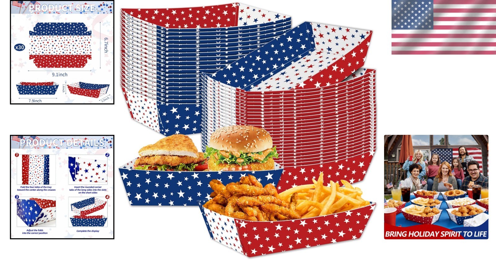 Patriotic Food Trays Disposable Paper Boats Snacks 30 Pack Red White Blue