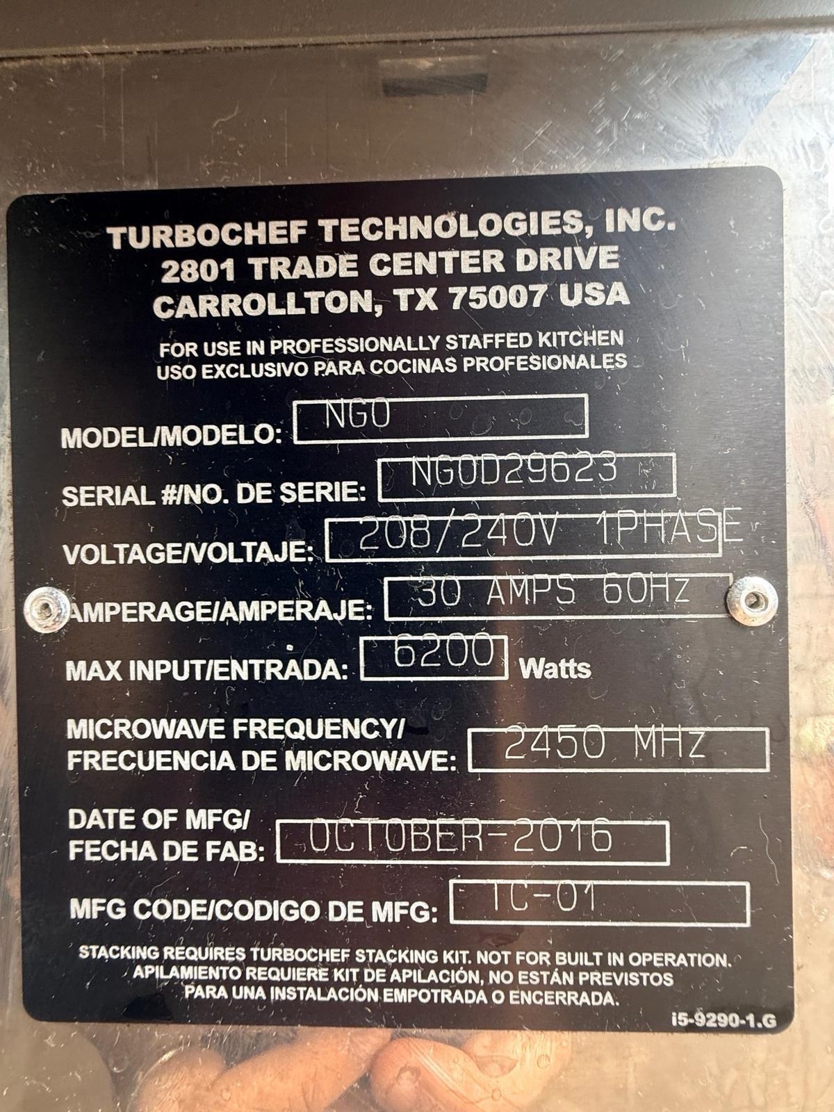 TurboChef NGO Commercial Oven 208/240V 1PH 30A 60Hz 6200W