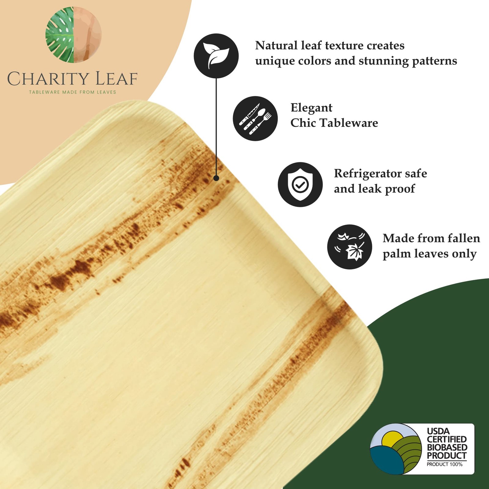 Charity Leaf Disposable Palm 14″ x 14″x10″ trays (10 pcs), Natural Brown