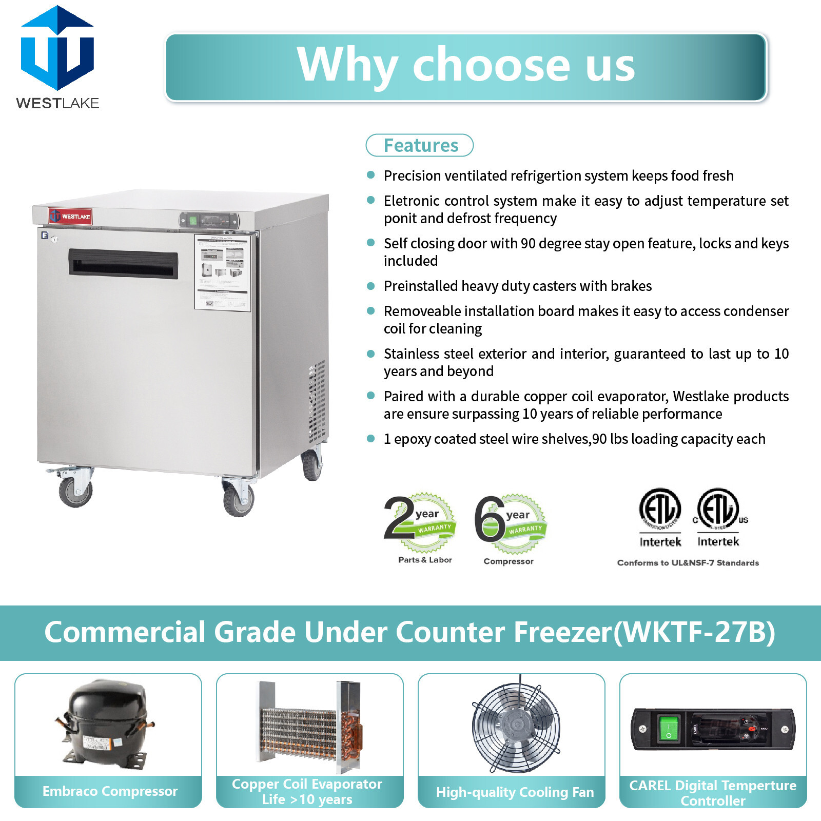 Commercial Undercounter Freezer, WESTLAKE 1 Door 28″ W Worktop Freezer 6.4 Cu.ft