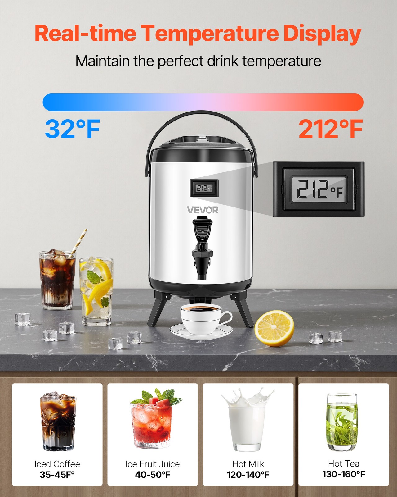 VEVOR Insulated Beverage Dispenser for Hot & Cold Drinks 1.5 Gal Stainless Steel