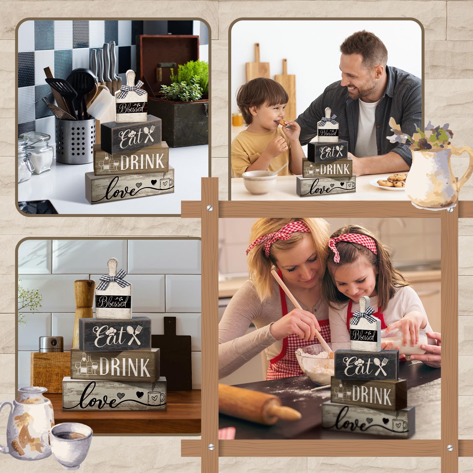 Moucuny 4 Pcs Farmhouse Kitchen Decor Wooden Plate Table