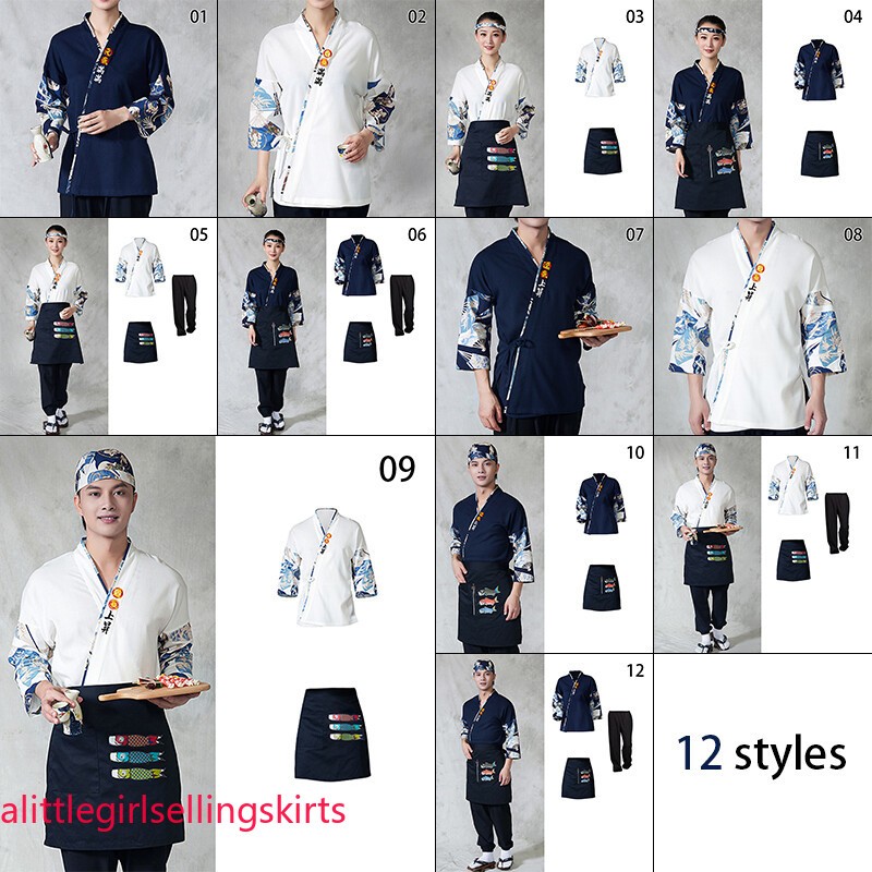 M-2XL Sushi Chef Kimono Style Coat Uniform Waiter Overalls Japanese Work Jacket