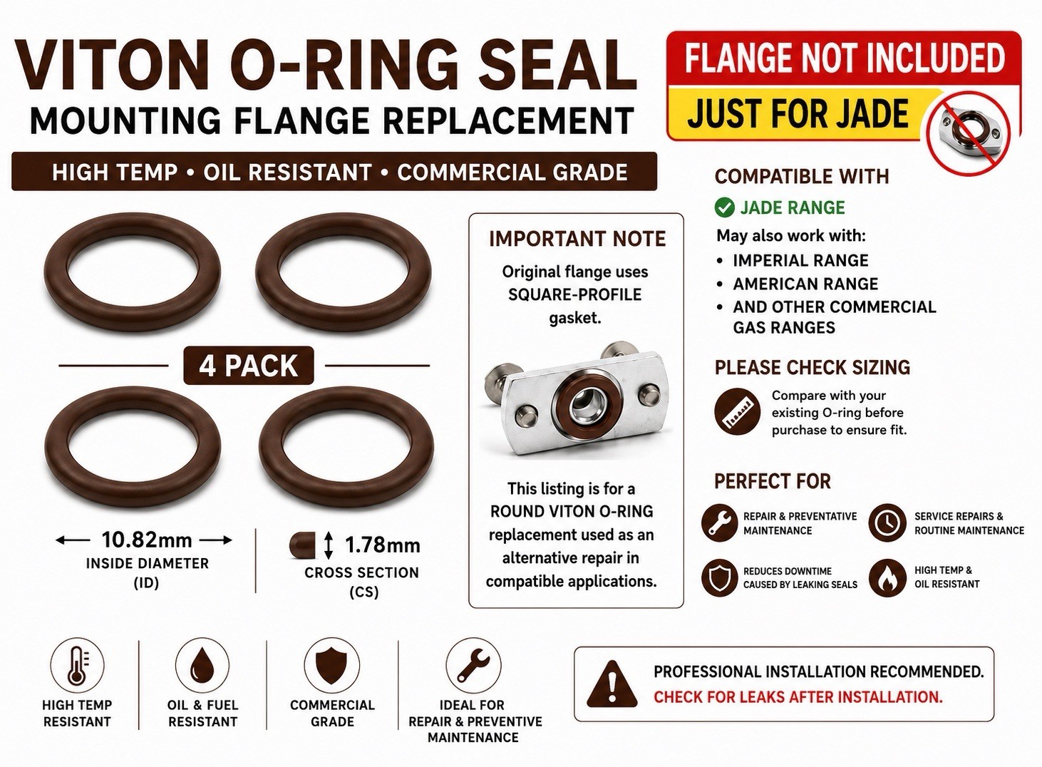 Commercial Range Mounting Flange Viton O-Ring Repair Seal 4 Pack No Flange