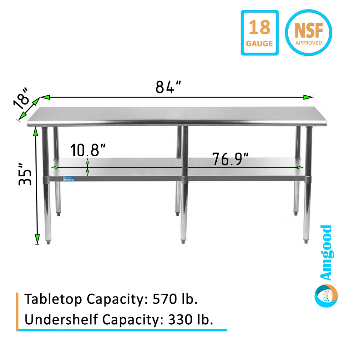 18″ X 84″ Stainless Steel Work Table With Galvanized Undershelf