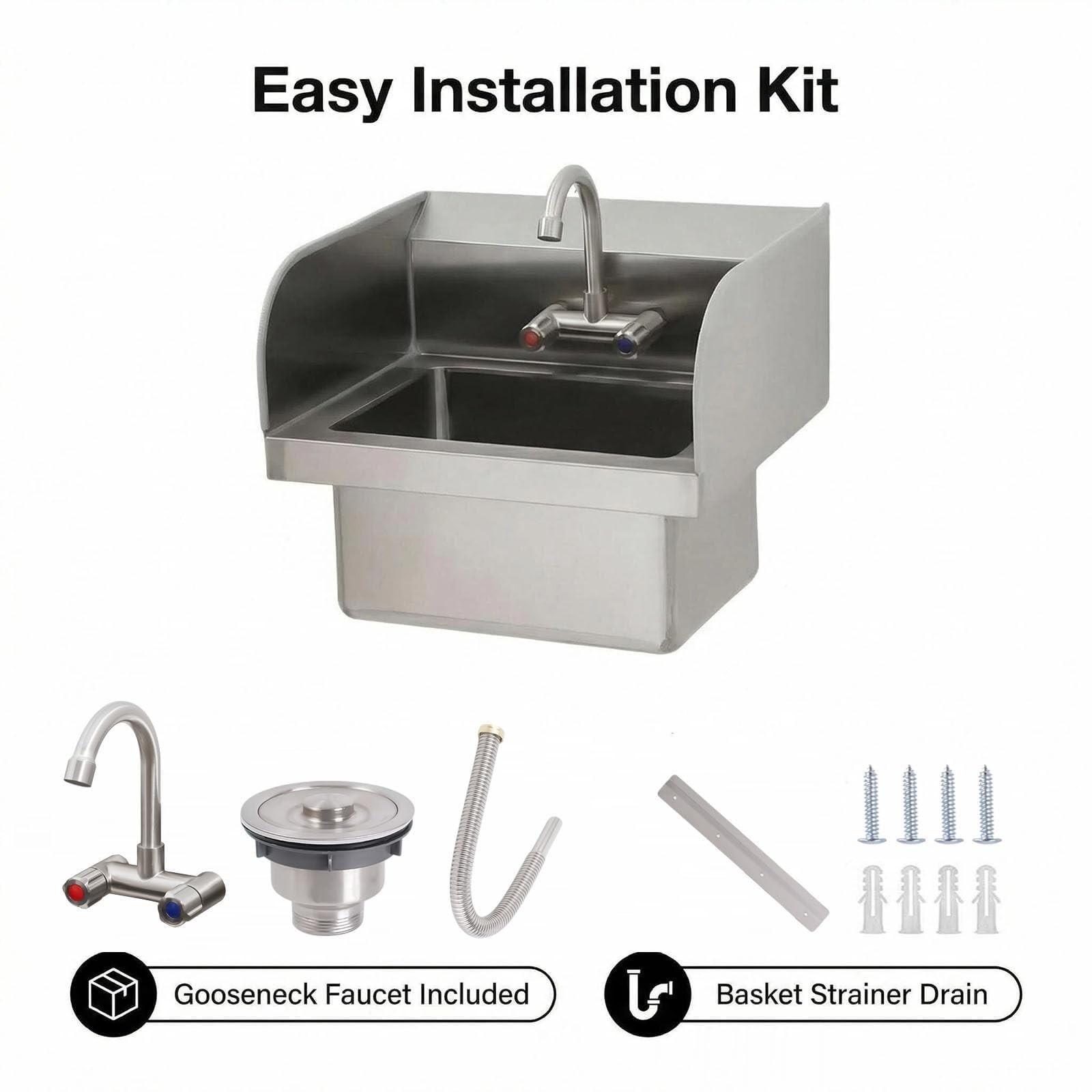 17″x 15″ Commercial Hand Wash Sink Wall Mount Basin Stainless Steel&Faucet&Drain