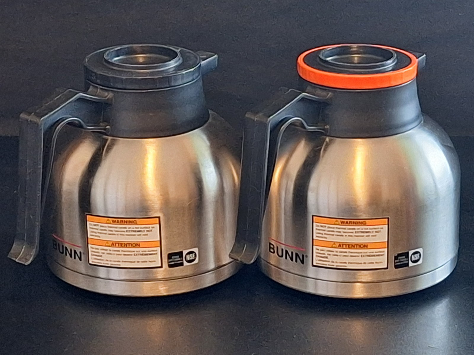 Pair of Bunn Commercial Thermal Coffee Carafes, Stainless Steel, Regular & Decaf