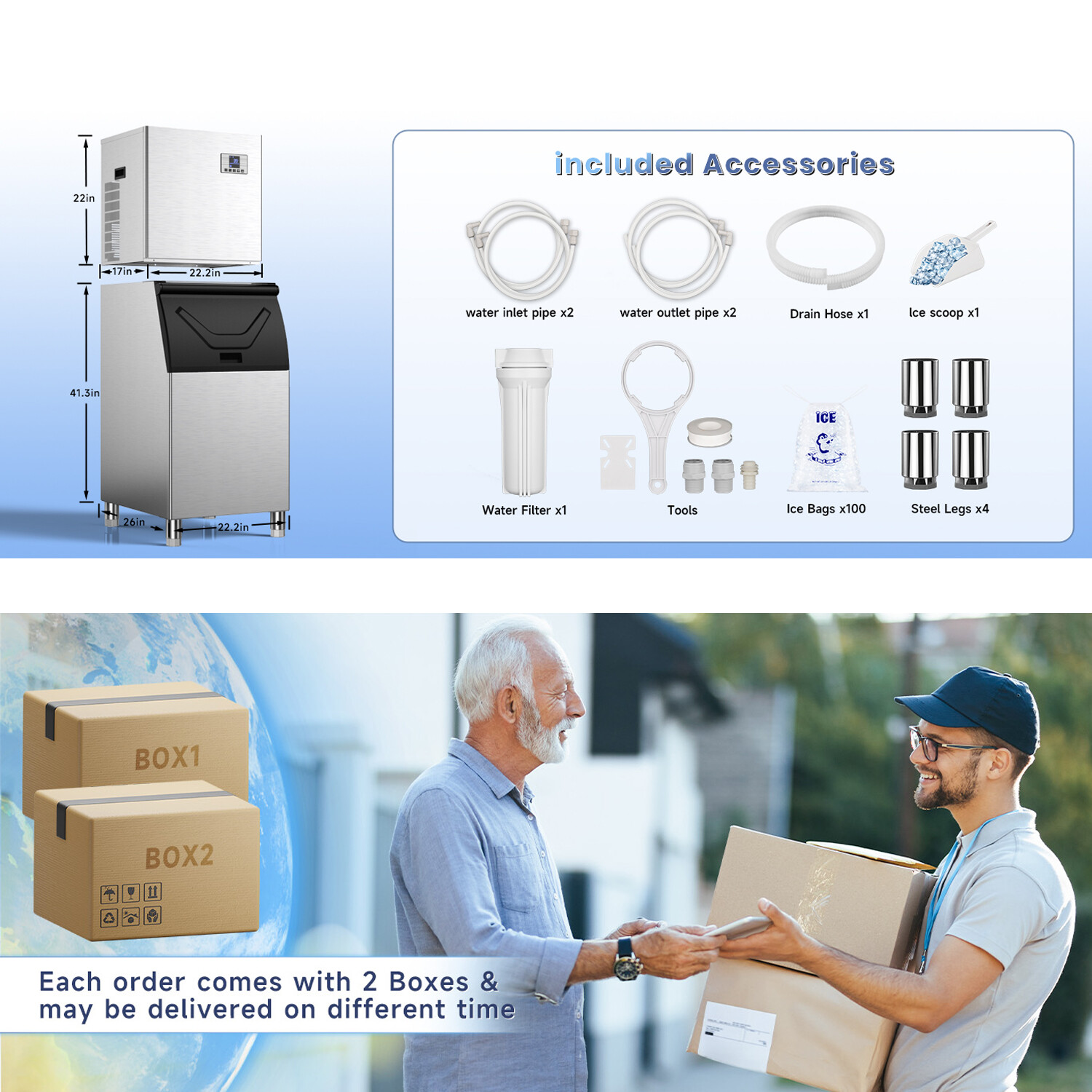 400LB/24H Commercial Ice Maker Machine with 266LBS Storage Bin Auto Cleaning