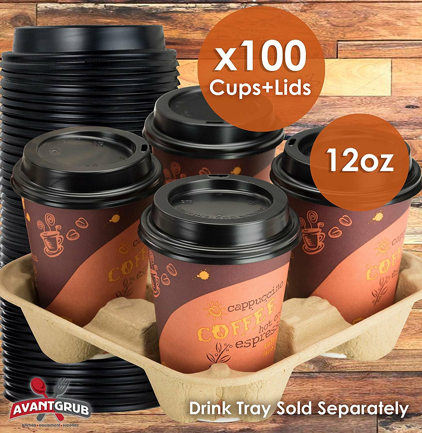 [100-Ct.] 12-Oz. Disposable Paper Coffee Cups & Plastic Dome Lids by Avant Grub
