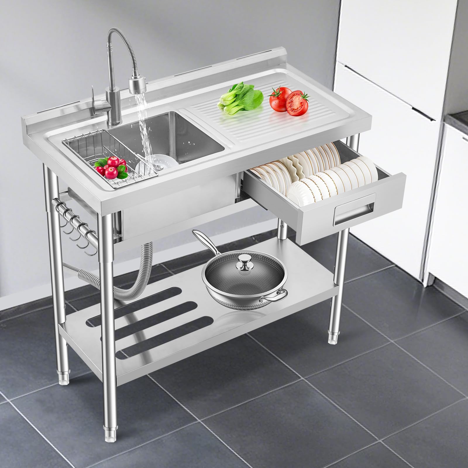 39″ Stainless Steel Utility Sink, Freestanding Single Bowl Kitchen Sink & Faucet