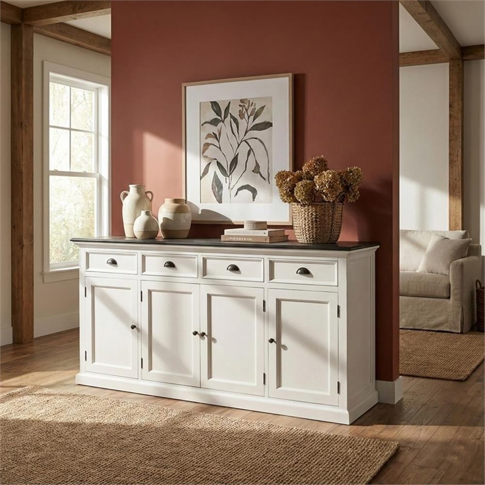 Beaumont Lane Mahogany Wood Buffet with 4 Doors 3 Drawers in White and Black