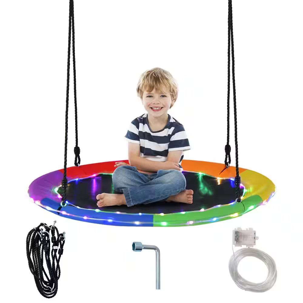 40 In. Saucer Tree Swing 660 Lbs. for Kids Adults Outdoor with LED Lights Rainbo