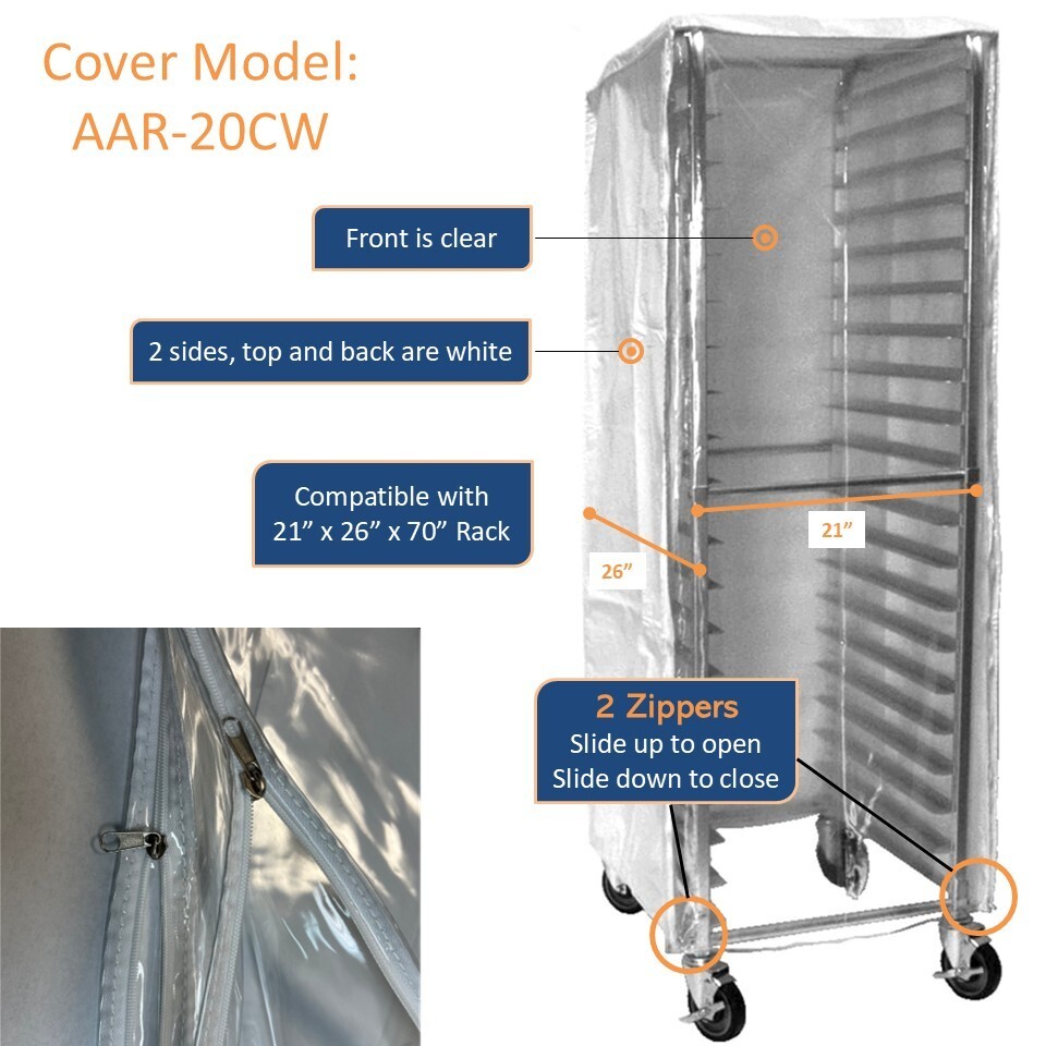 GSW AAR-20CW White Plastic Cover w/ Clear Front Bun Pan Rack Cover w/ 2 Zippers