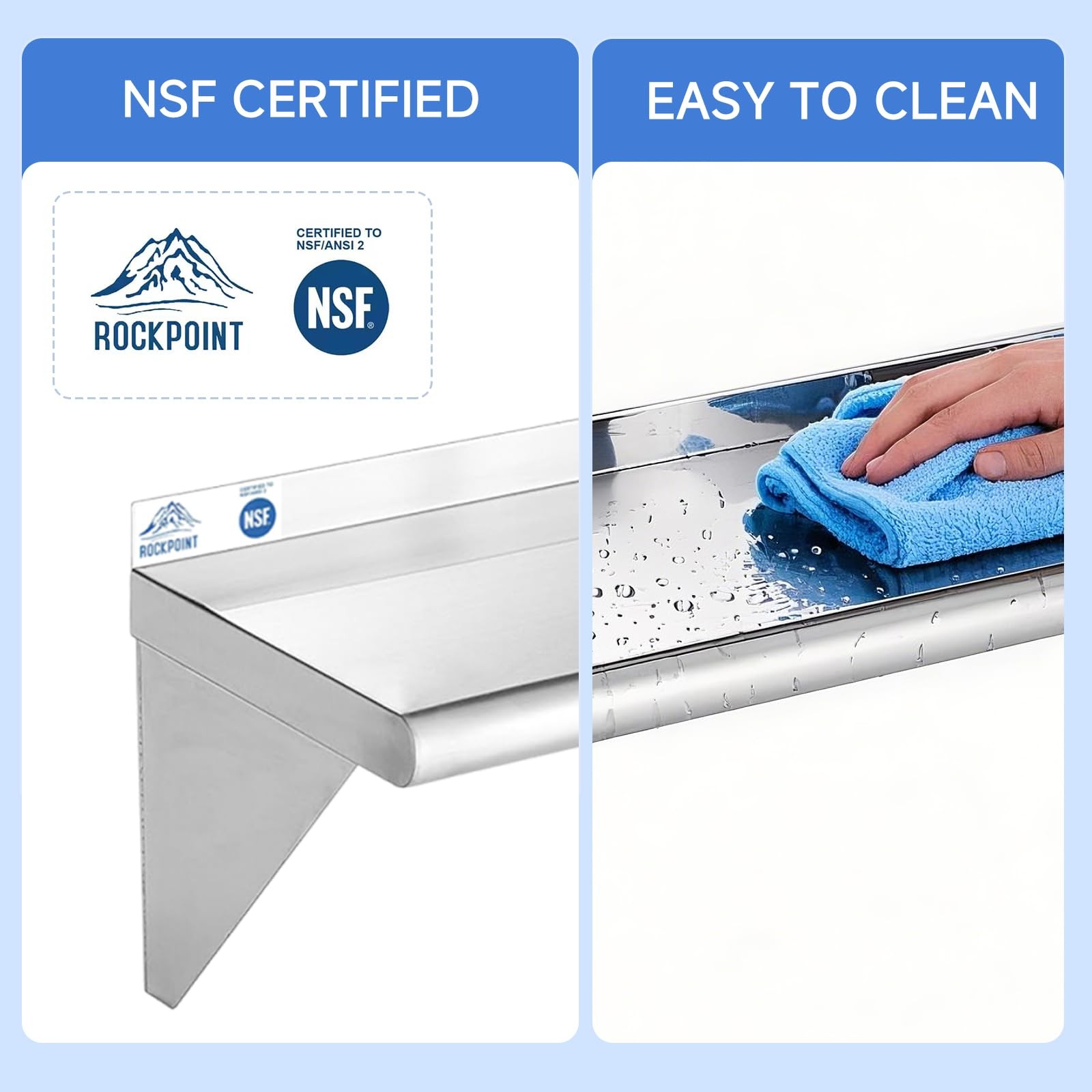 ROCKPOINT Stainless Steel Shelf 10 x 16 Inches, NSF Commercial Wall Mount Floati