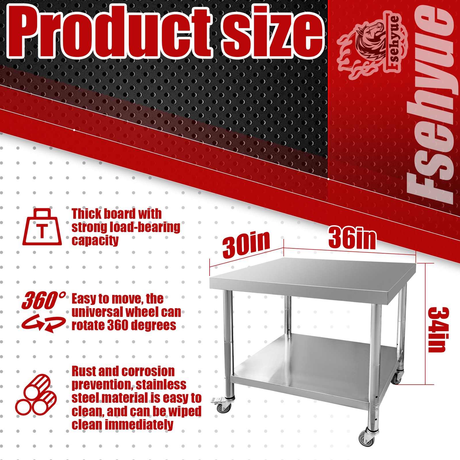 Stainless Steel 30″x36″x34″ Commercial Kitchen Work Food Prep Table w/ Casters