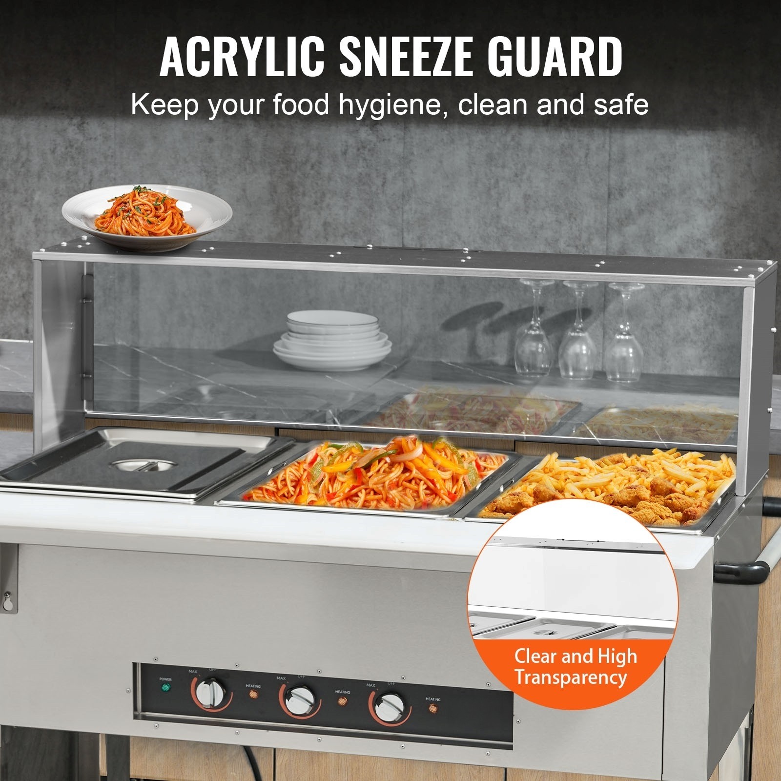 VEVOR 3-Pan Commercial Food Warmer 3 x 20.6QT Steam Table & Acrylic Sneeze Guard