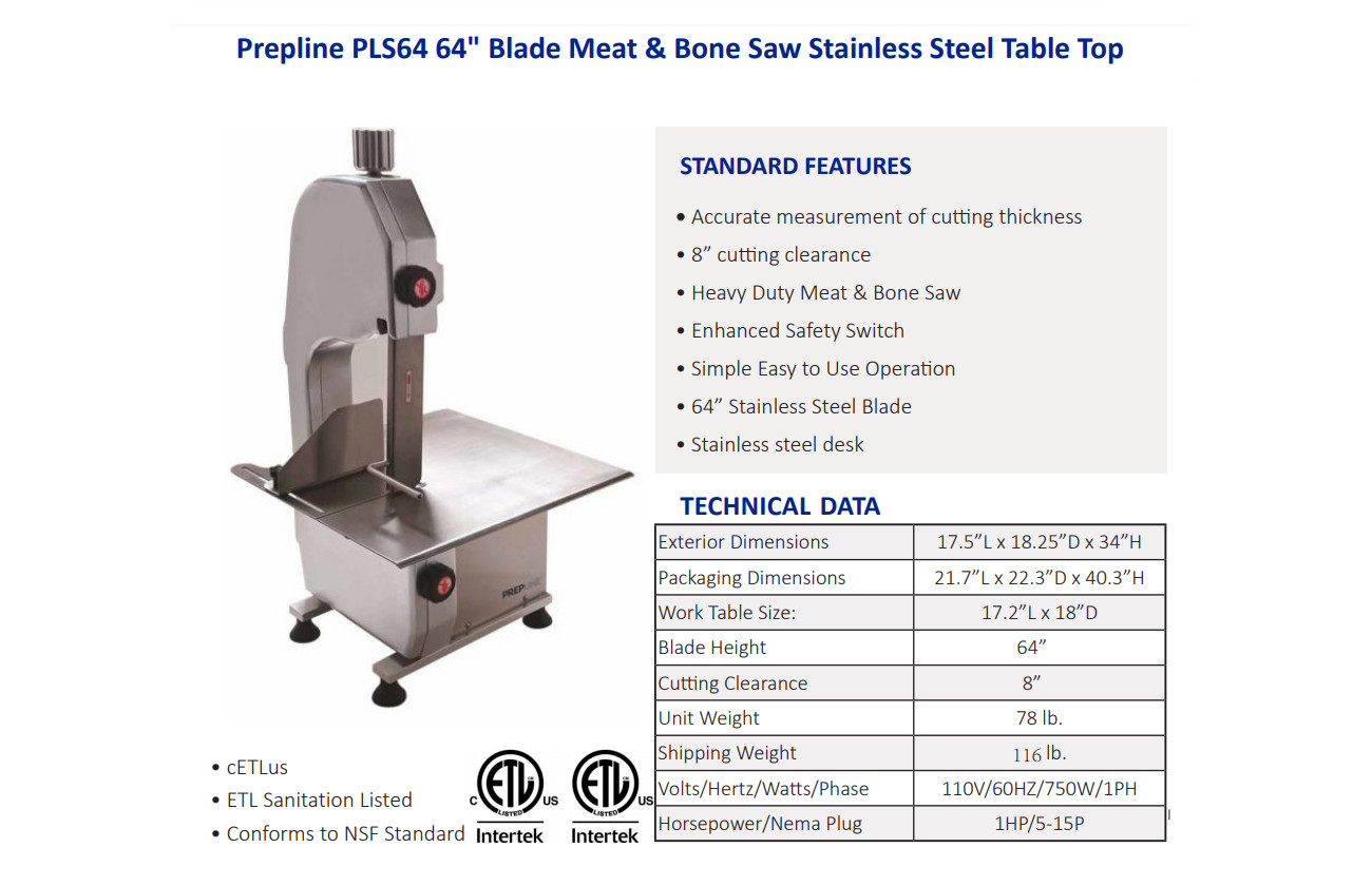 Prepline PLS64, 64″ Blade Meat & Bone Saw Stainless Steel Table Top