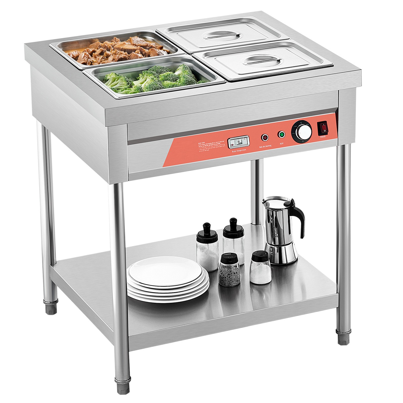 4 x 1/2 Pans Commercial Food Warmer Electric Steam Table with Undershelf