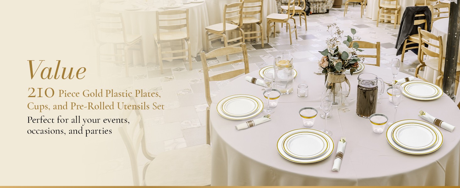 Plastic Plates for Party | 210 Pieces | White w/Gold Rim | Plates and Napkins