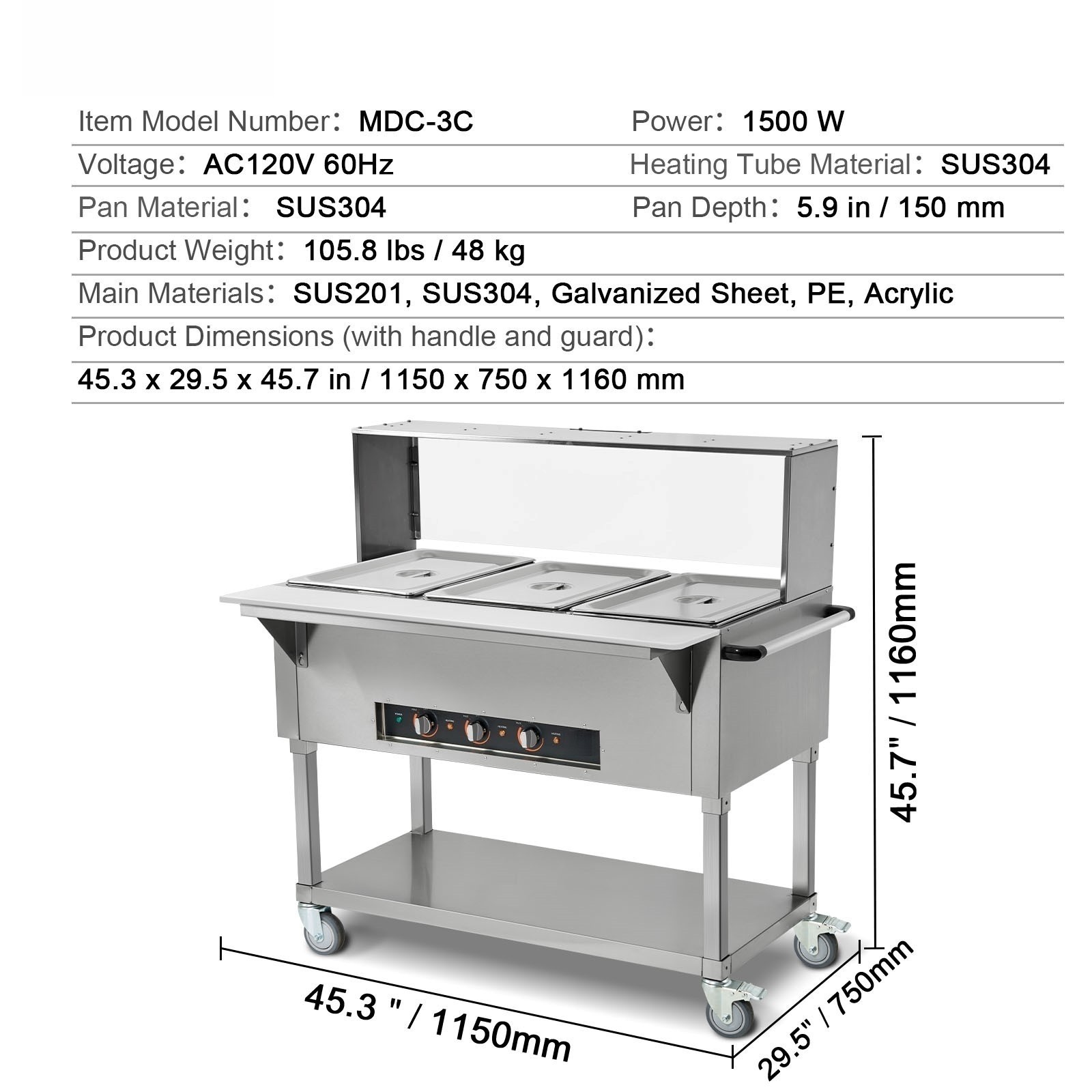 VEVOR 3-Pan Commercial Food Warmer 3 x 20.6QT Steam Table & Acrylic Sneeze Guard