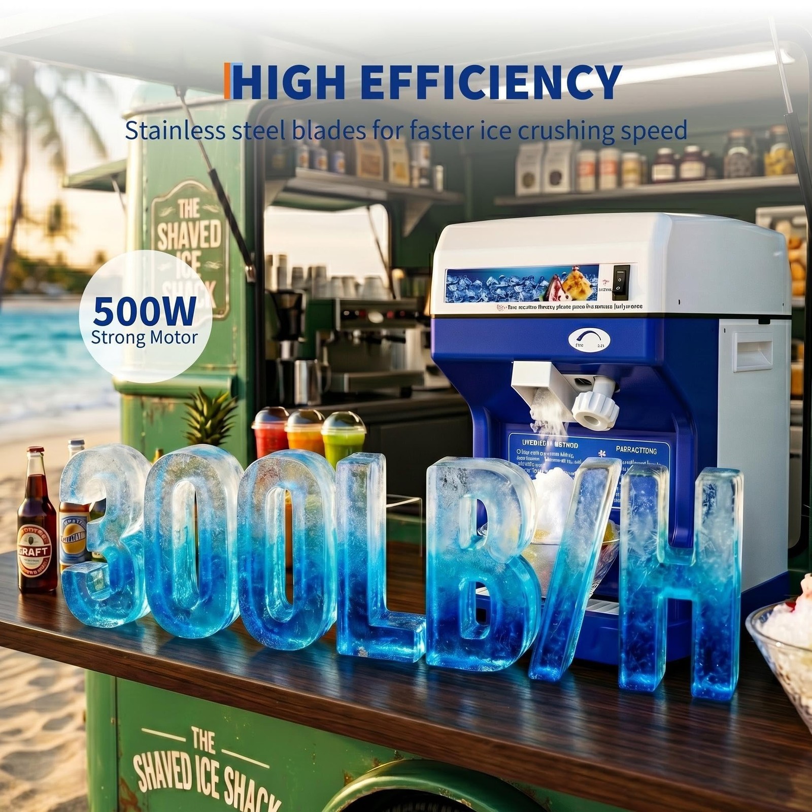 Electric Ice Shaver Machine 300LBS/H, 500W, 500RPM, Tabletop Snow Cone Crusher