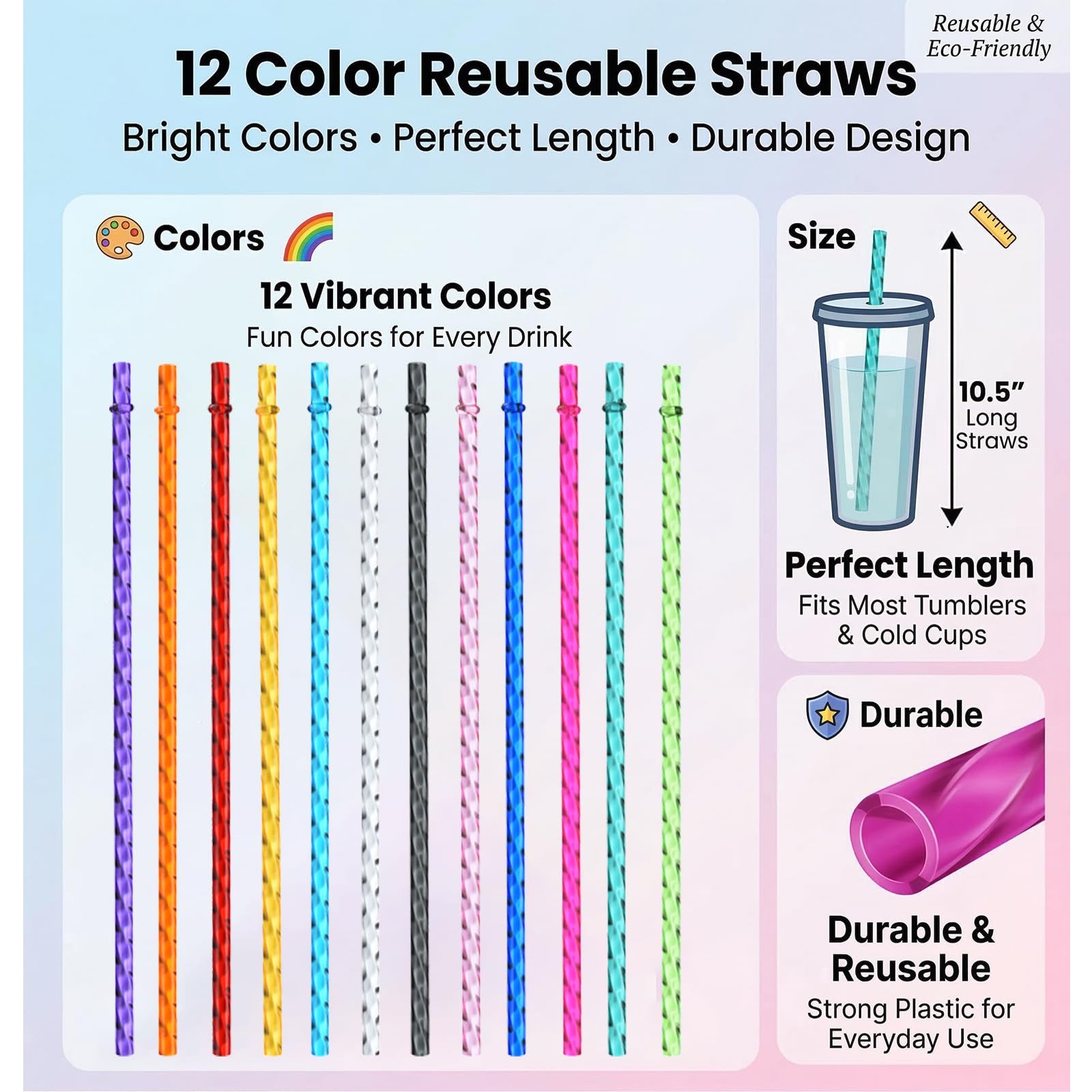24 Pack Reusable Plastic Clear Swirl Straws, 11″ Long 11in, swirl-12 colors