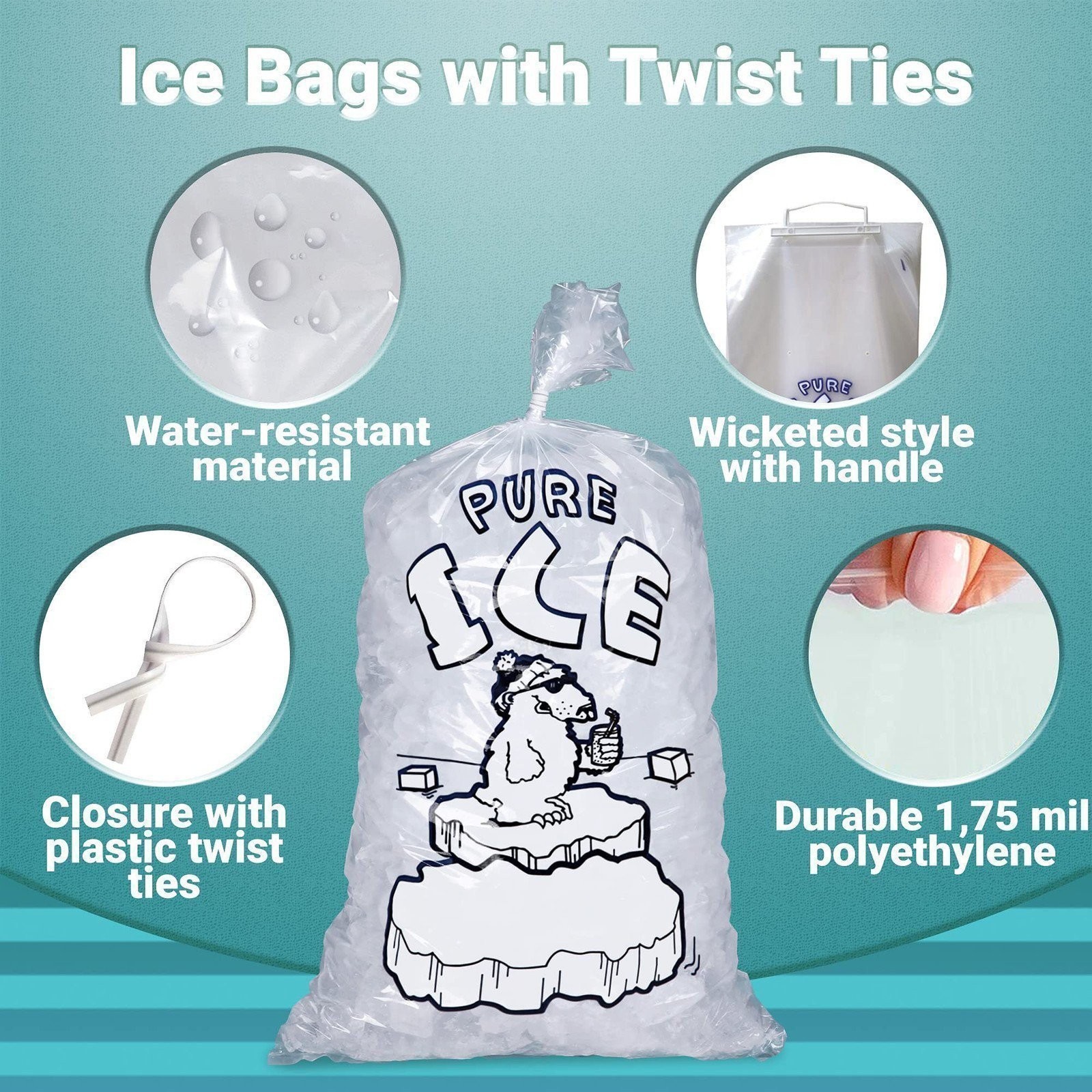 Wicket Ice Bags Polar Bear Printed 20 lb with Twist Ties 500 Count 14.25 x 28 in