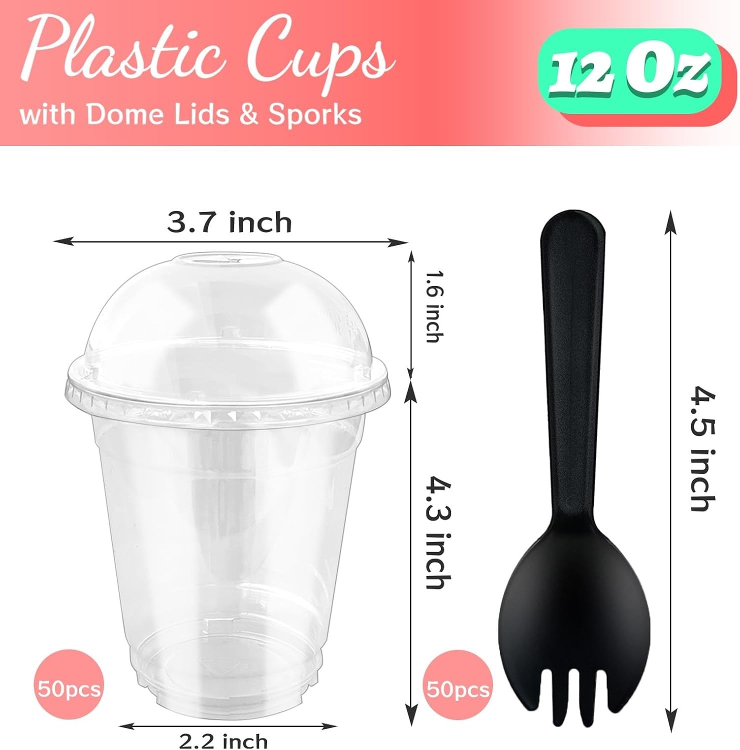 50/100 vasos de plástico para postre 9 OR 12oz con tapas de cúpula y cucharas,ta