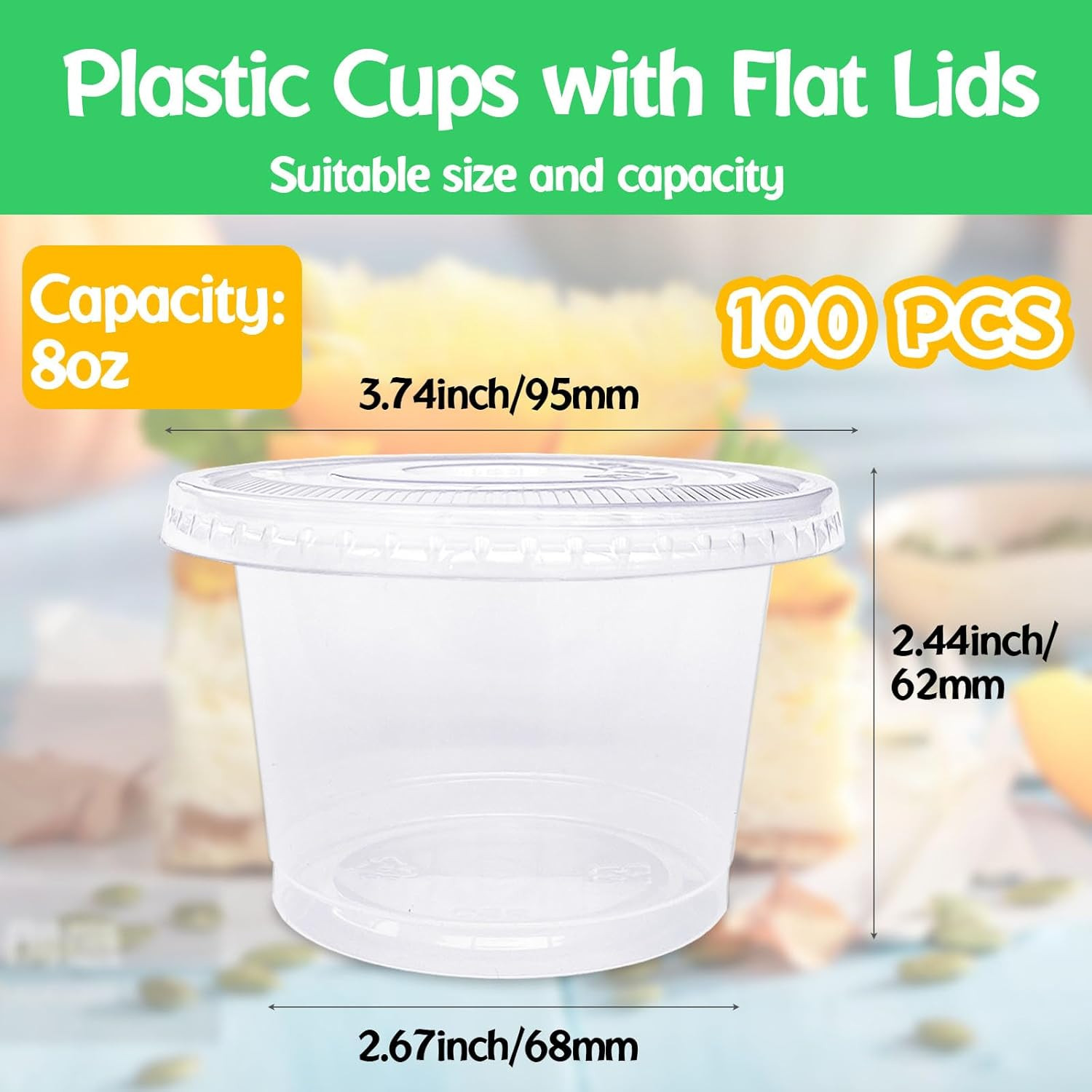 100 Pack 8Oz Plastic Cups with Flat Lids(Hole in the Lid),Disposable Clear Cups,