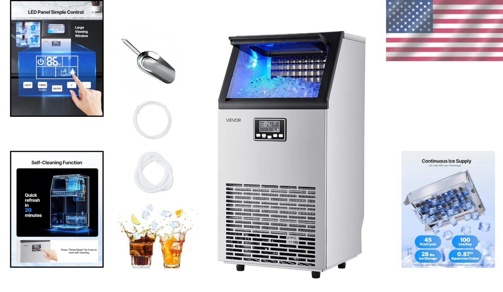 Elegant Commercial Ice Maker – 100 lbs/24h with 28 lbs Storage & Self-Cleaning