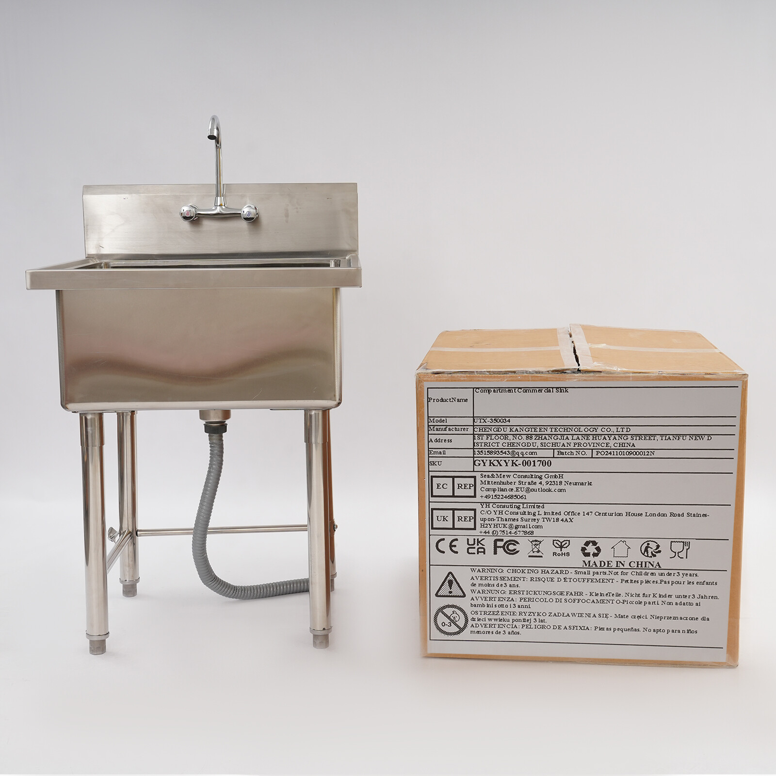 24×24 Inch 304 Stainless Steel Commercial Freestanding Sink 12 Inch Deep Single